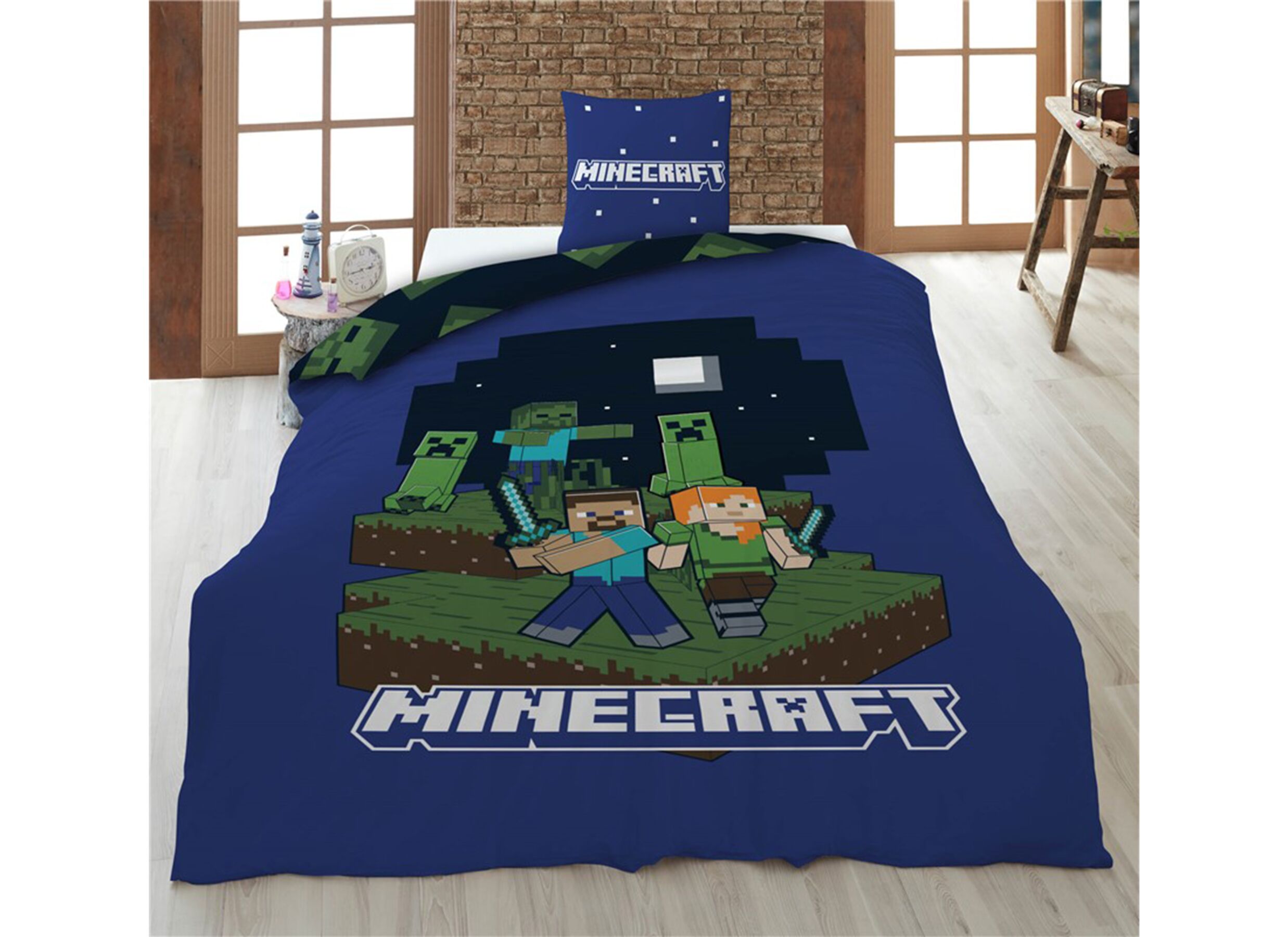 Sfeerfoto - Dekbedovertrek Minecraft 140x200cm - polykatoen - blauw