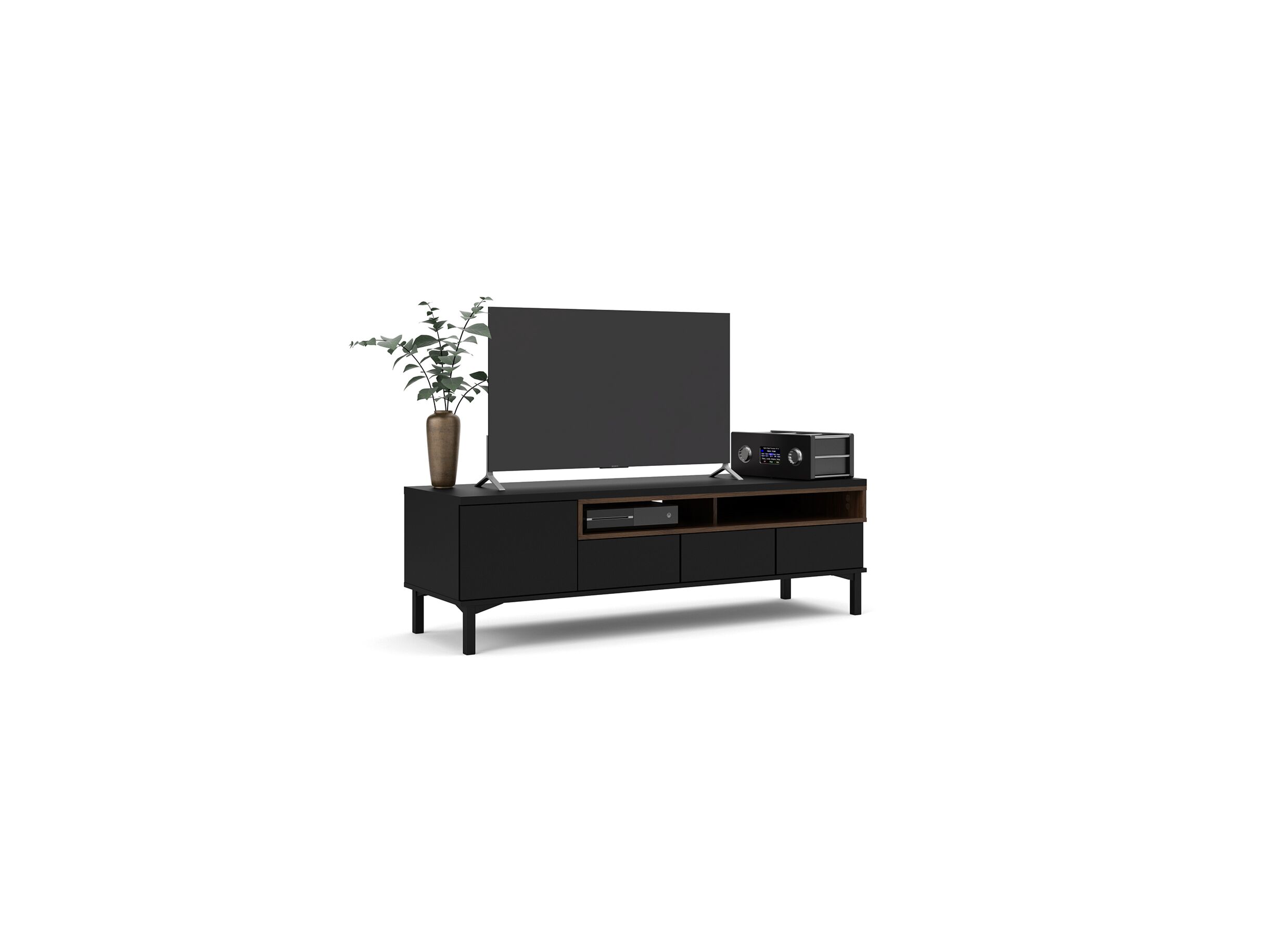 Tv-meubel Roomers 156cm - spaanplaat - zwart & walnoot