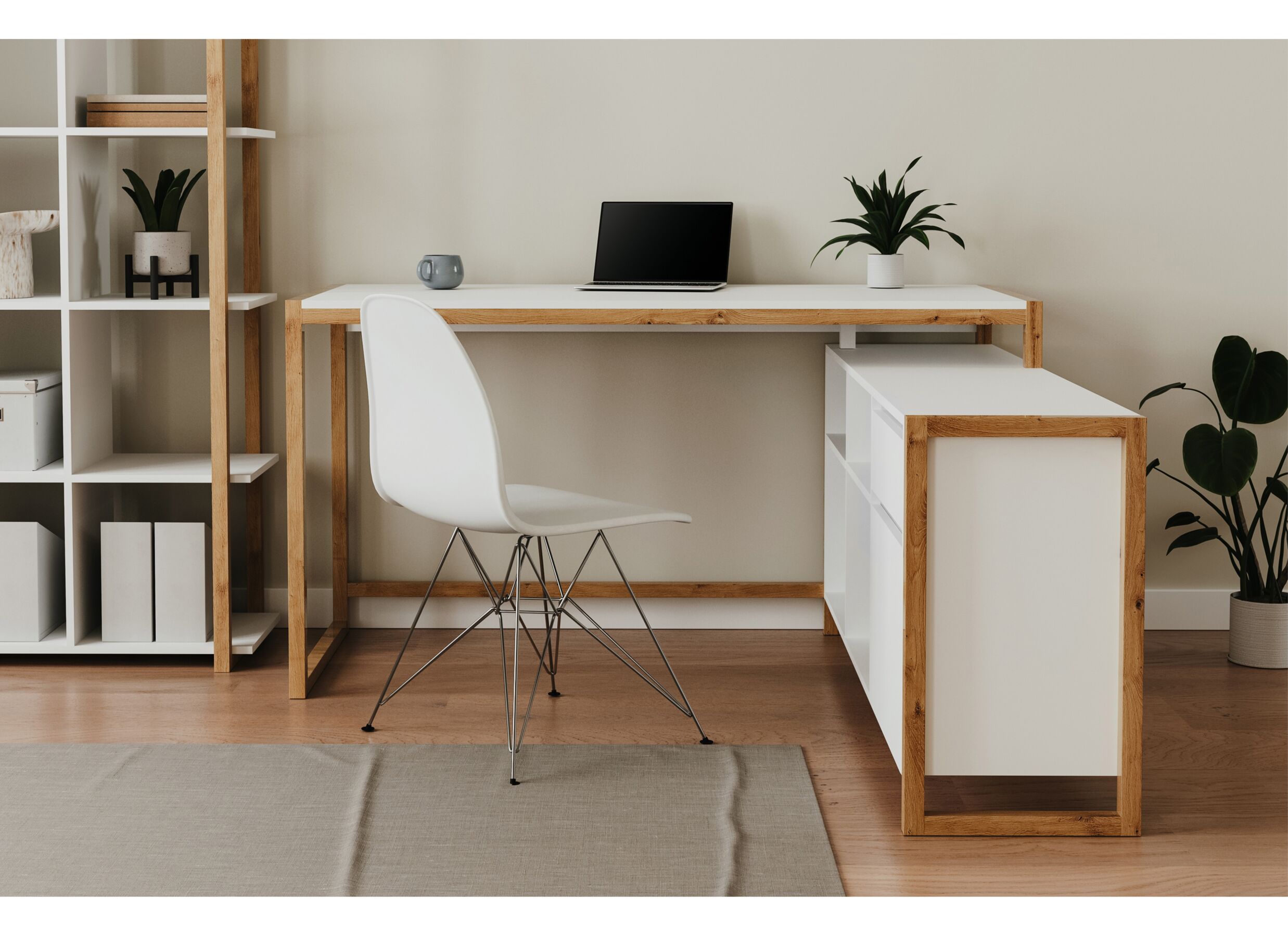 Sfeerfoto - Hoekbureau Denver 139x142x75cm - decor - wit & artisanale eik