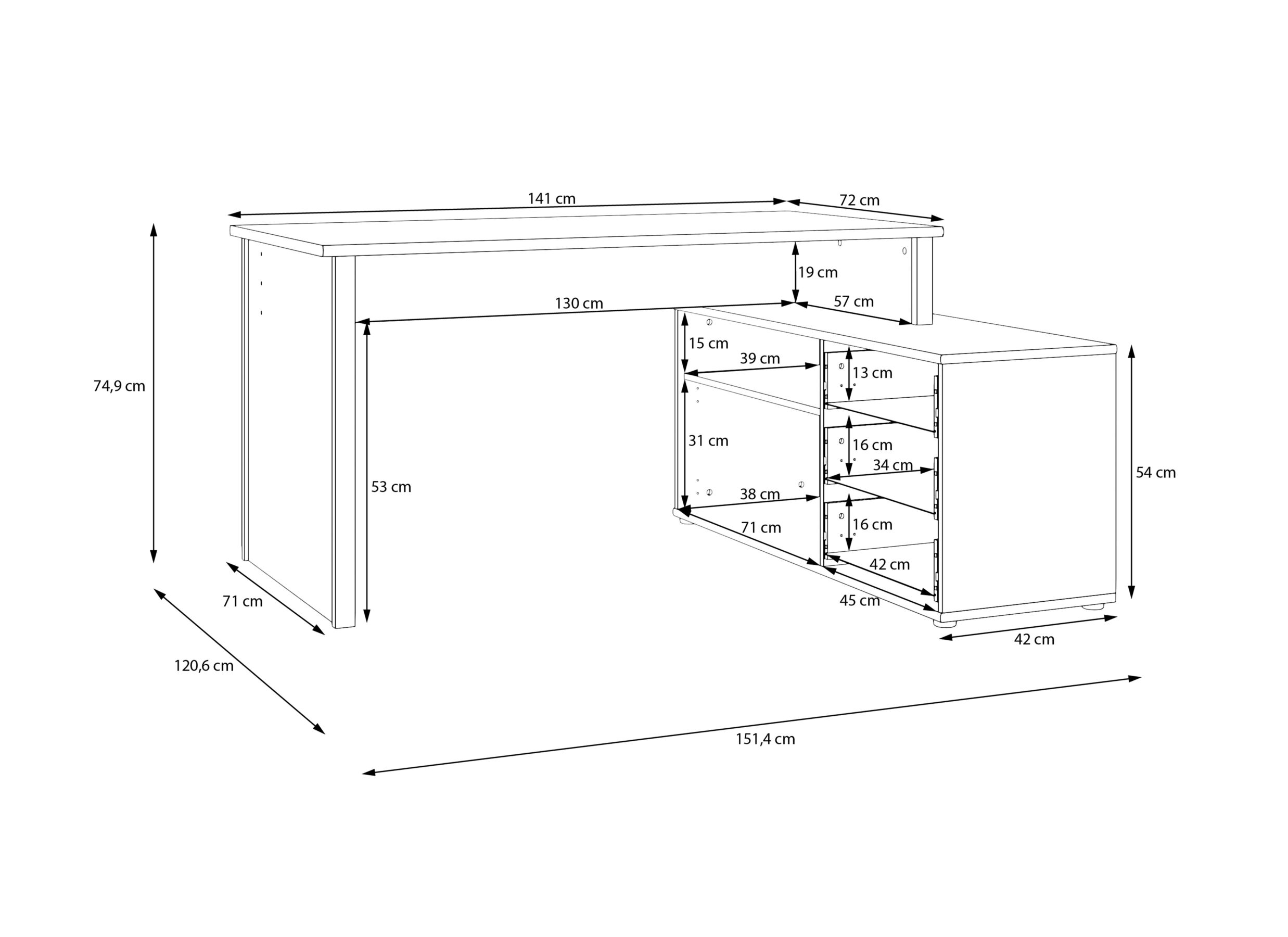 Dimensions - Bureau d'angle Topic avec tiroirs 151x121x75cm - décor - cashmere