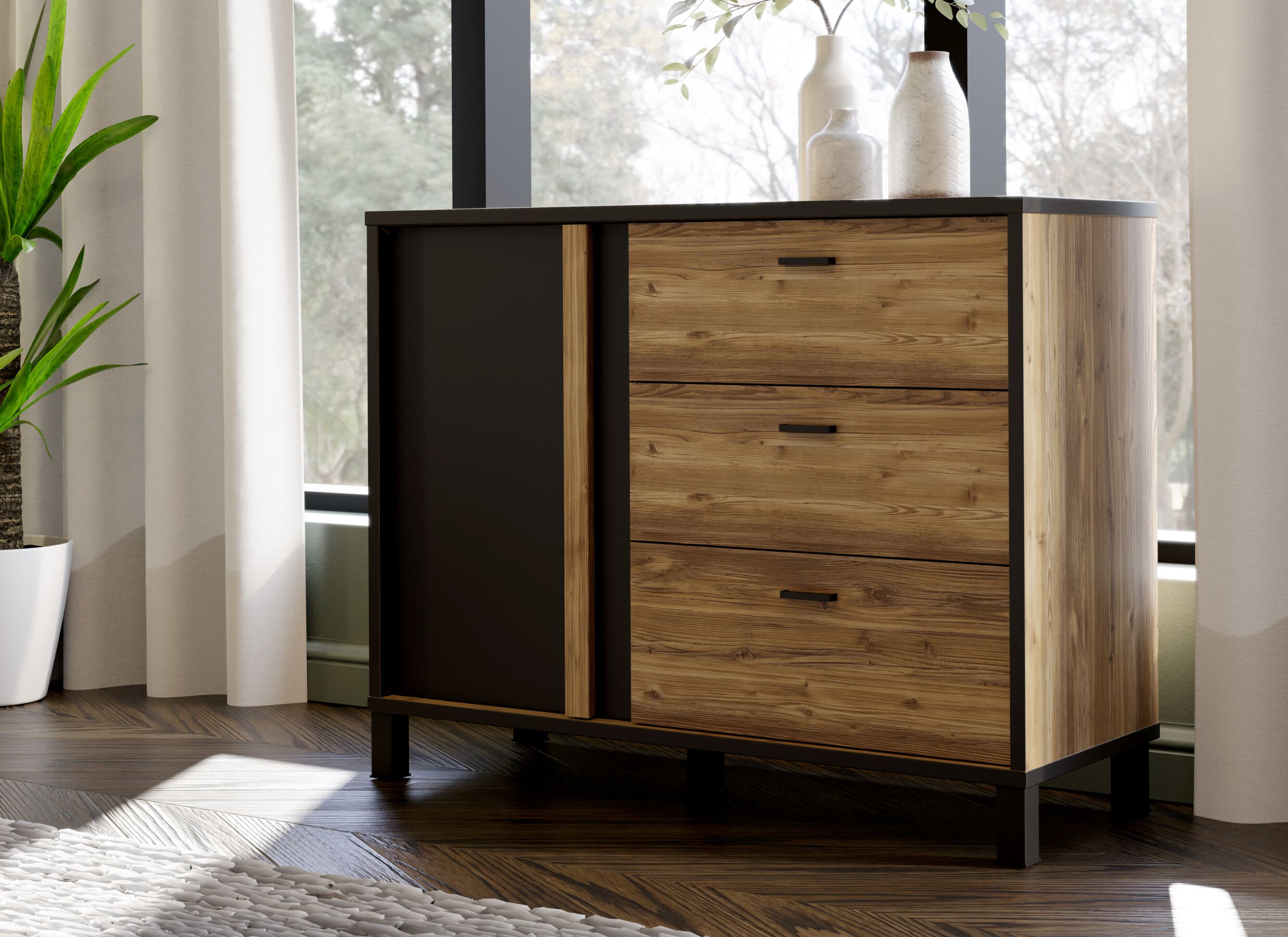 Sfeerfoto - Commode Hayato 110x42x85cm - decor - bruin & zwart