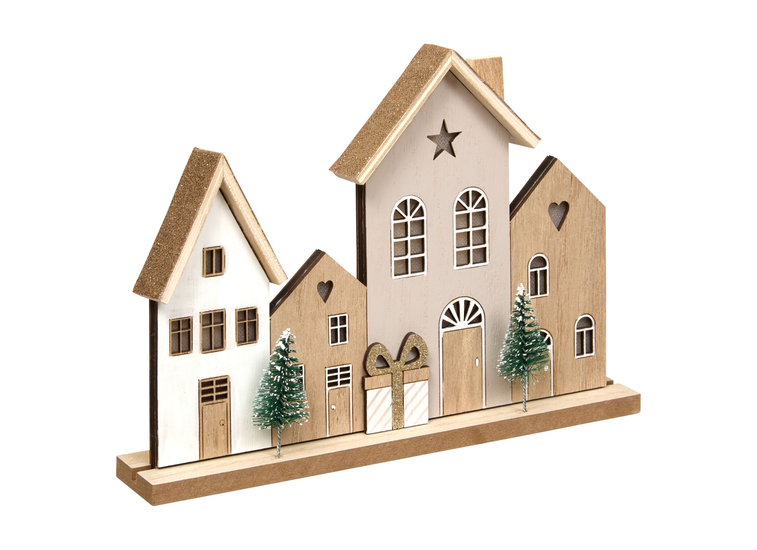 Hoofdfoto - Kerstdecoratie Huisjes LED H23,5cm - hout - bruin incl. batterij