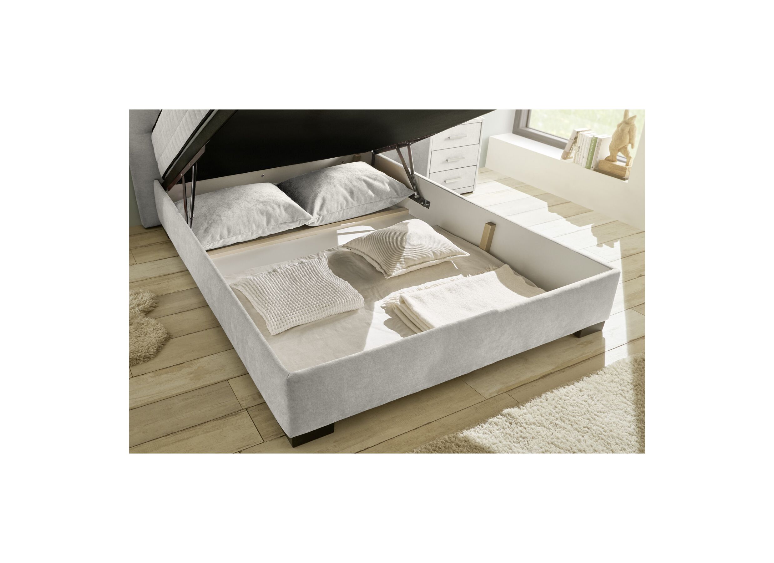 Foto ambiance - Lit box Nagol A 140x200cm avec rangement tissu beige