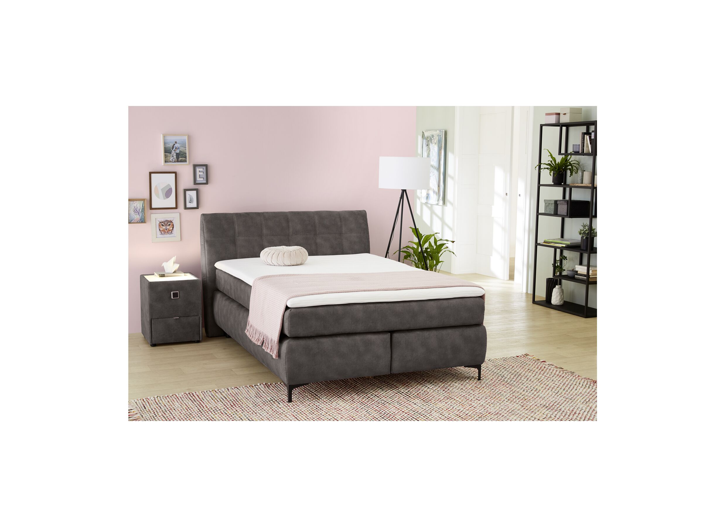 Boxspring Gitta 140x200cm - tissu - gris foncé