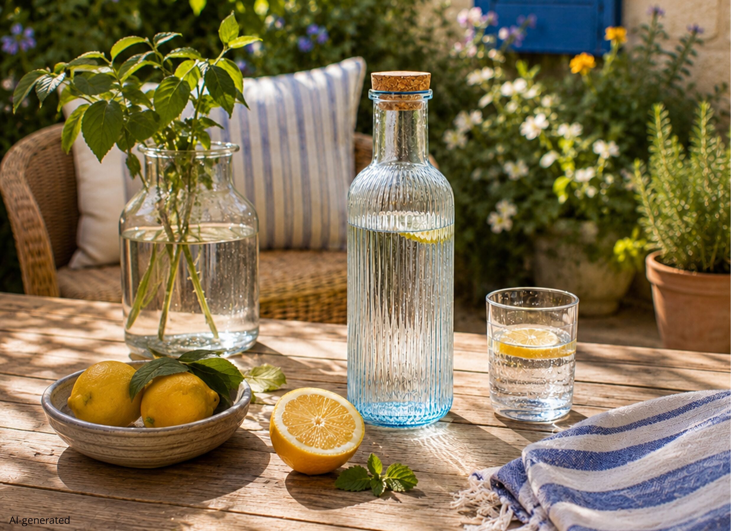 Foto ambiance - Bouteille à eau Raya 1L - verre - bleu