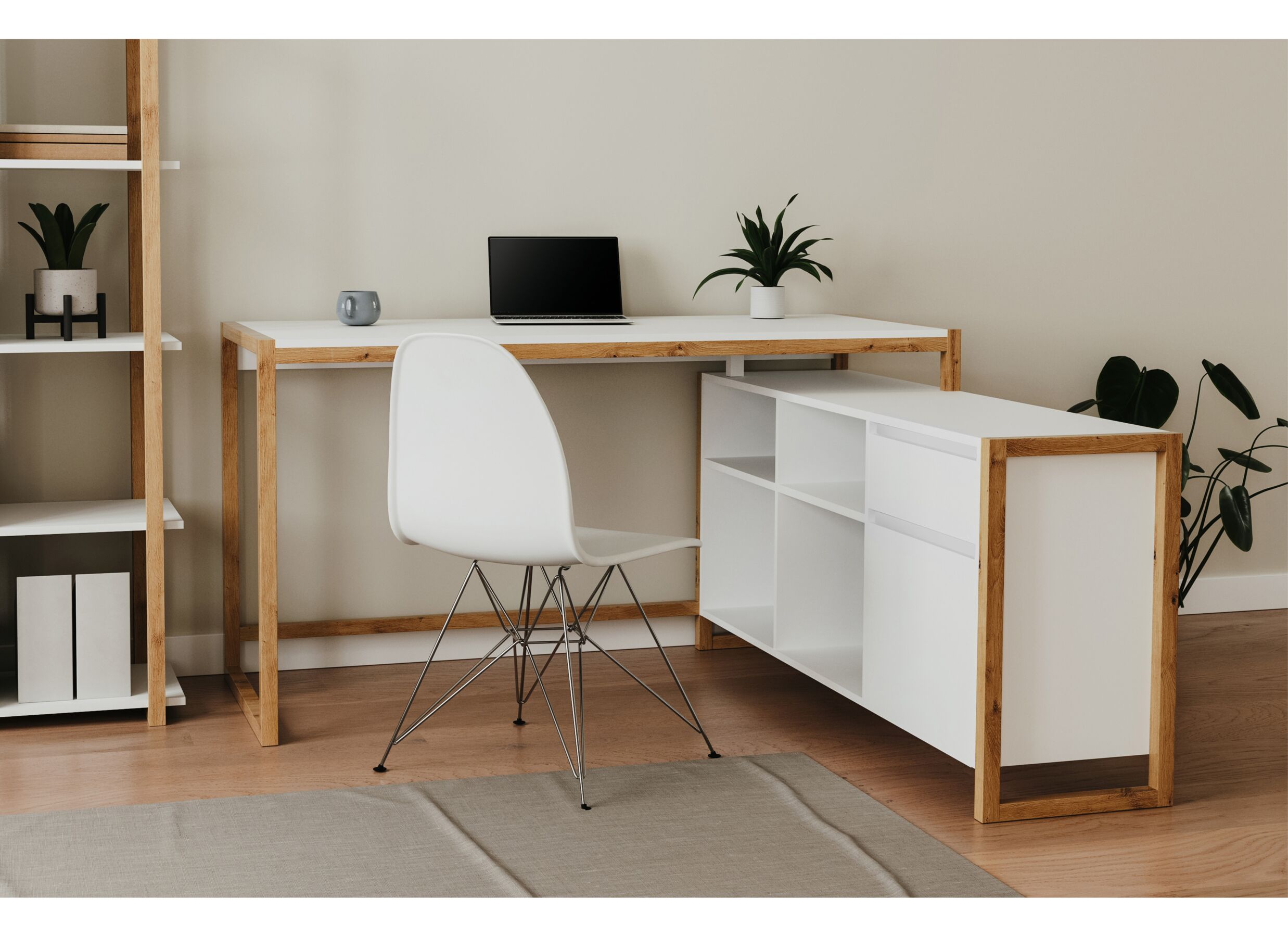 Sfeerfoto - Hoekbureau Denver 139x142x75cm - decor - wit & artisanale eik