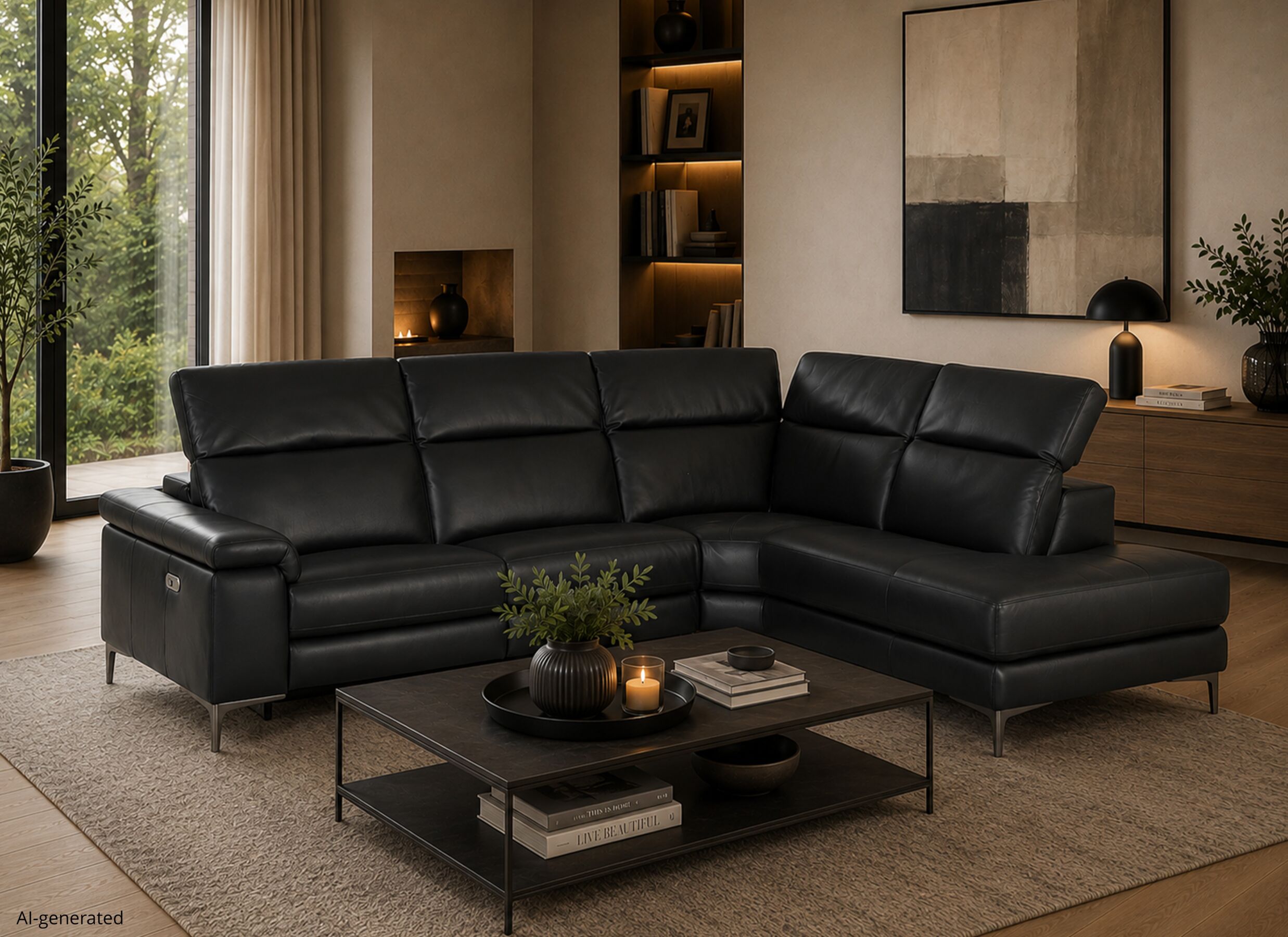 AI Generated - Hoeksalon After 295x232cm - leder - zwart met relax