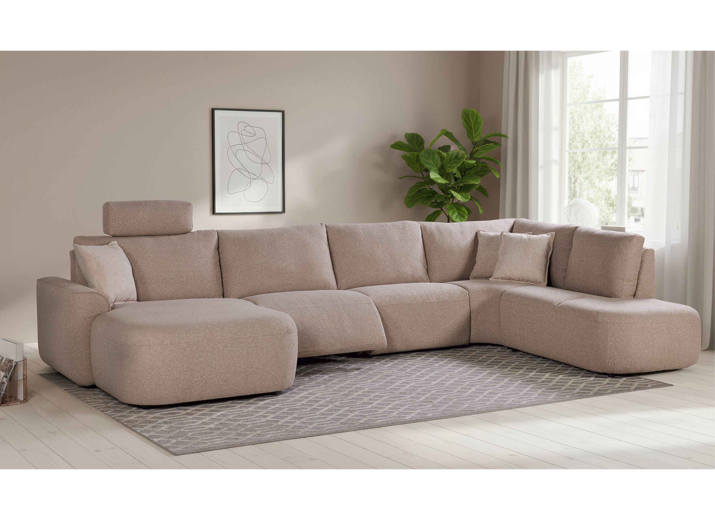 Foto ambiance - Canapé d'angle Malco 399x235cm - tissu - taupe avec relax