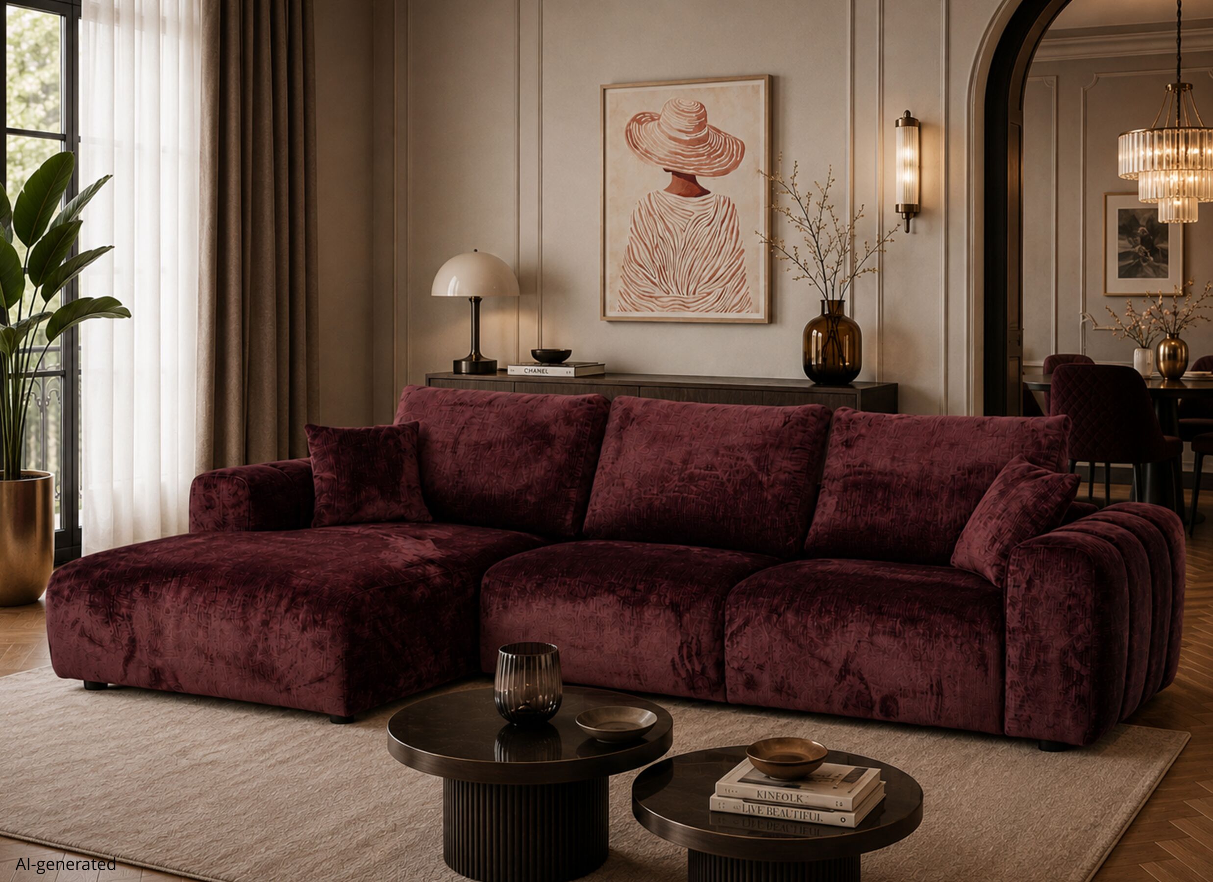 AI Generated - Canapé d'angle Musigny 315x165cm - chenille - bordeaux