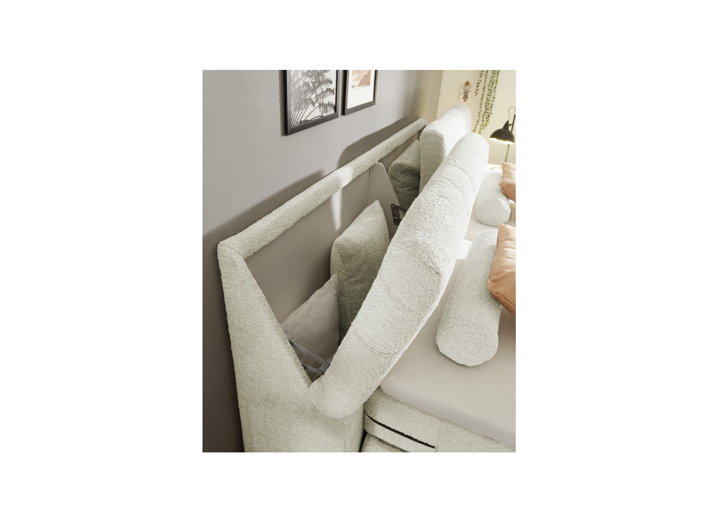 Foto ambiance - Boxspring Reynosa Gel 180x200cm avec rangement/électrique tissu ivoire