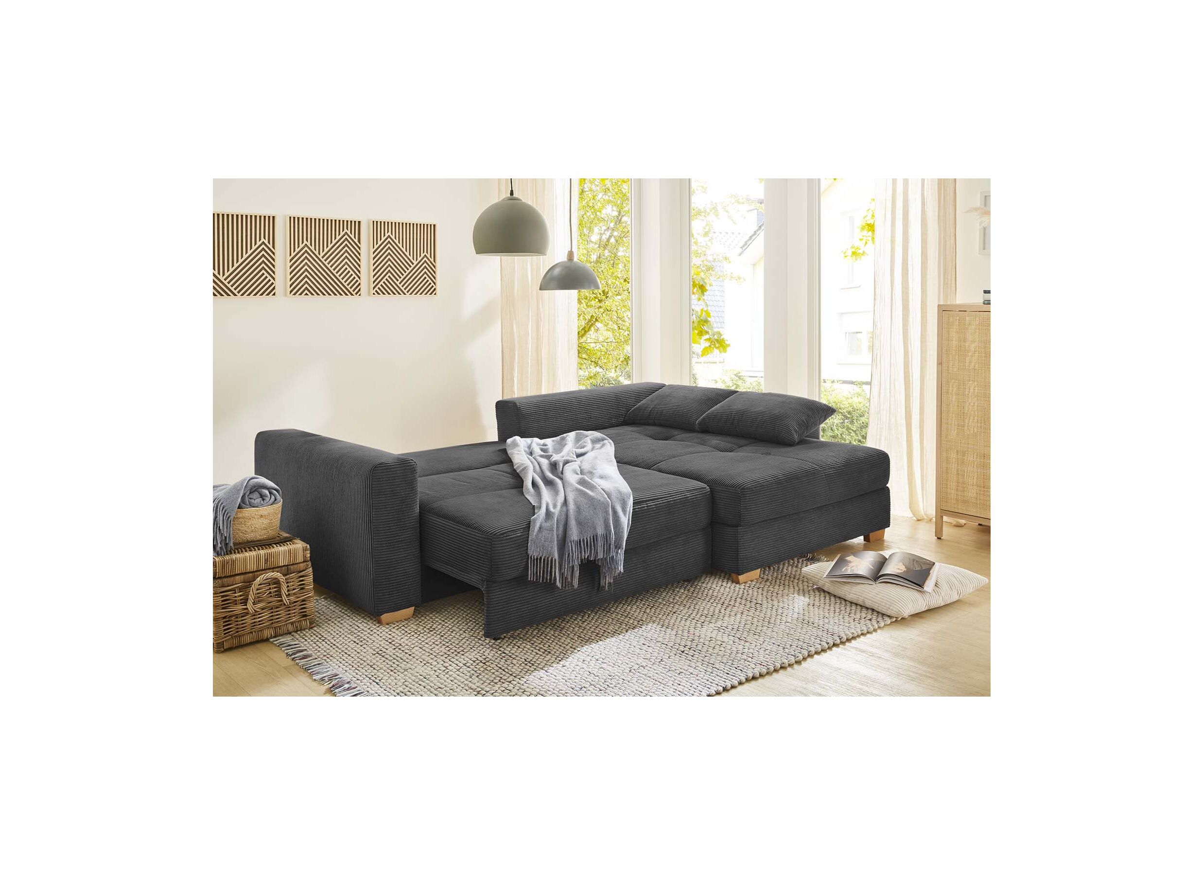 Canapé d'angle Kampen 288x186cm - tissu - gris avec fonction lit et rangement