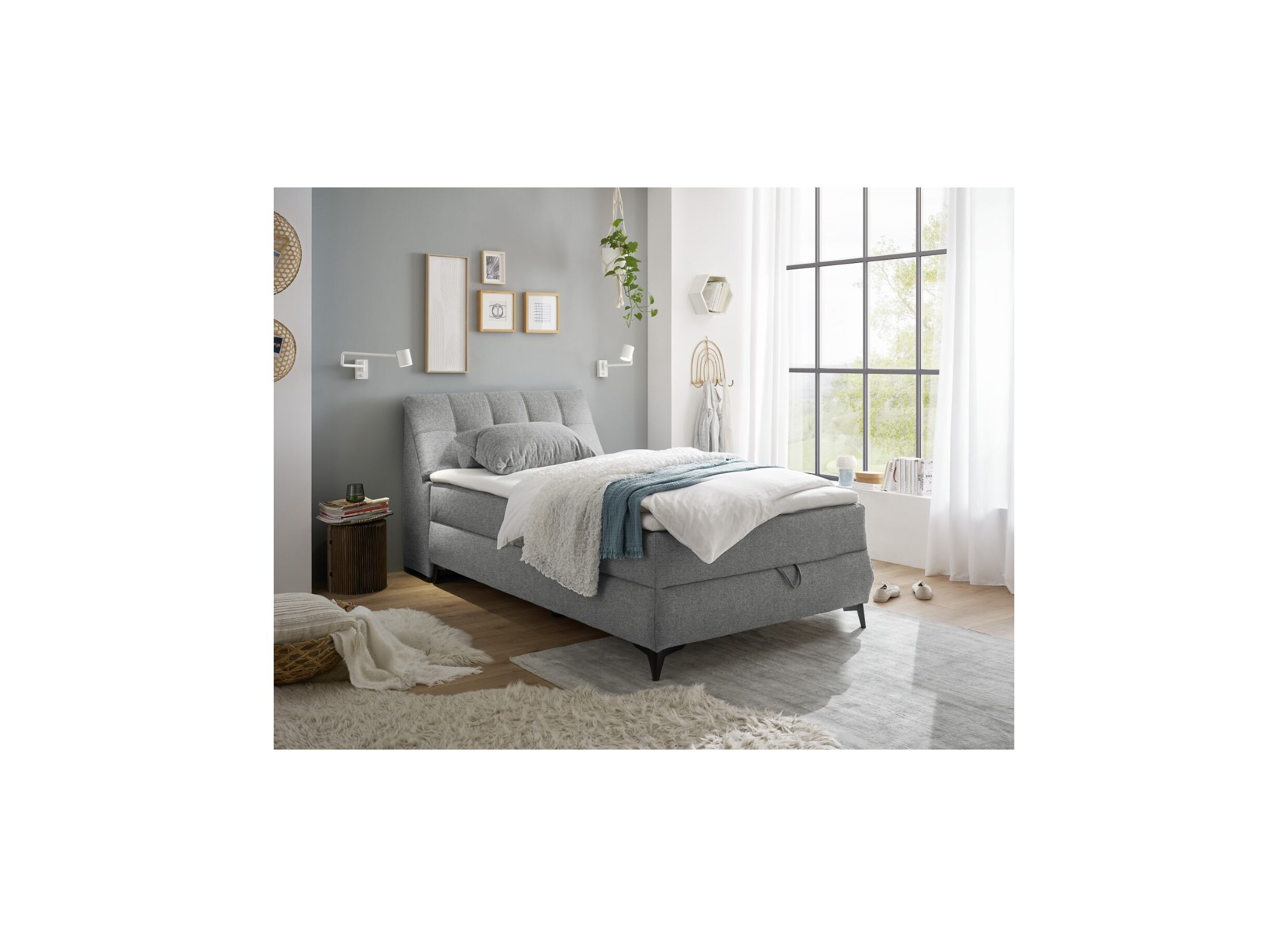 Foto ambiance - Lit box Atlantis 120x200cm avec rangement tissu gris