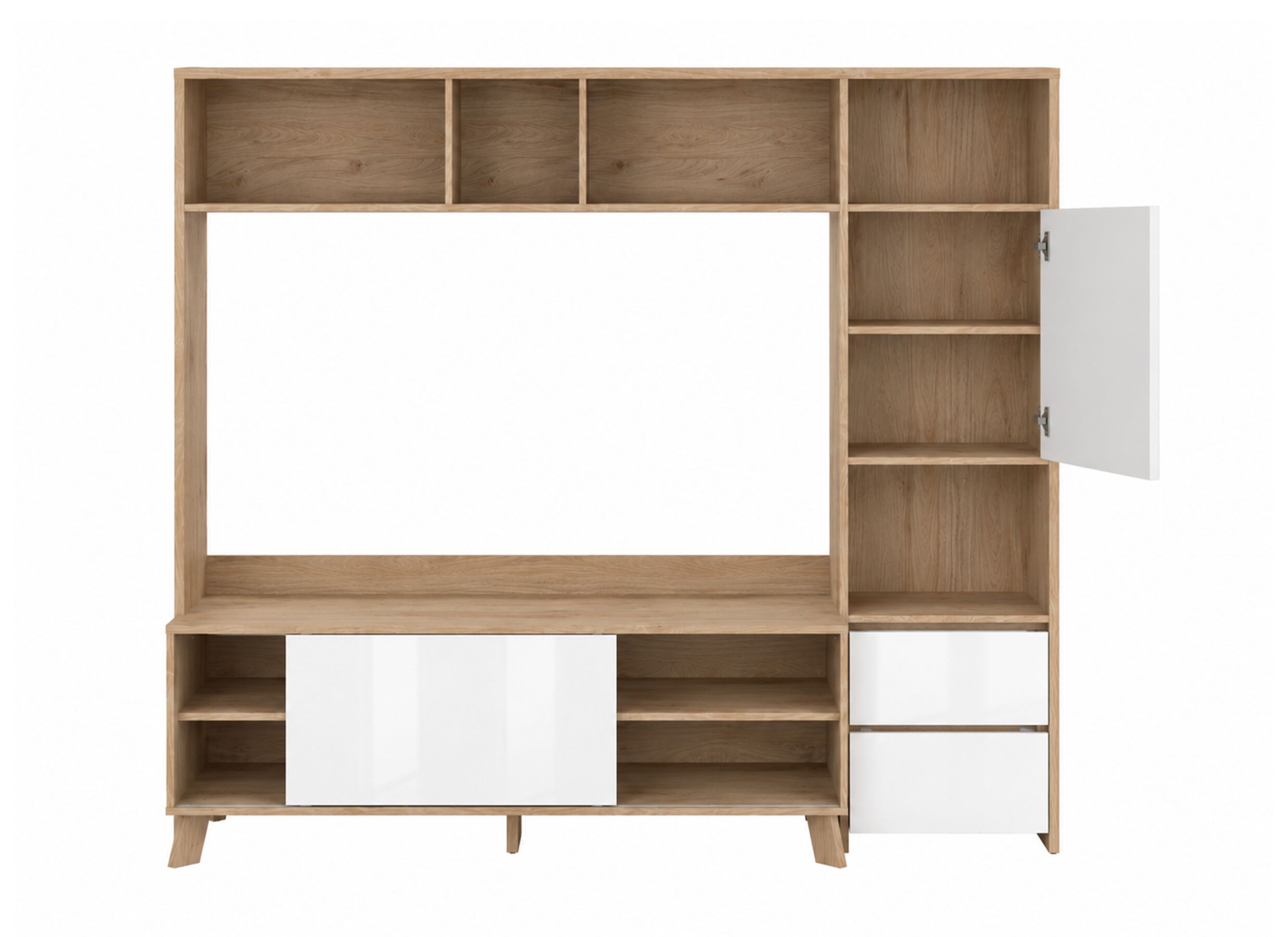 Disposition - Meuble TV mural Next 209cm - mélamine - blanc brillant & jackson hickory