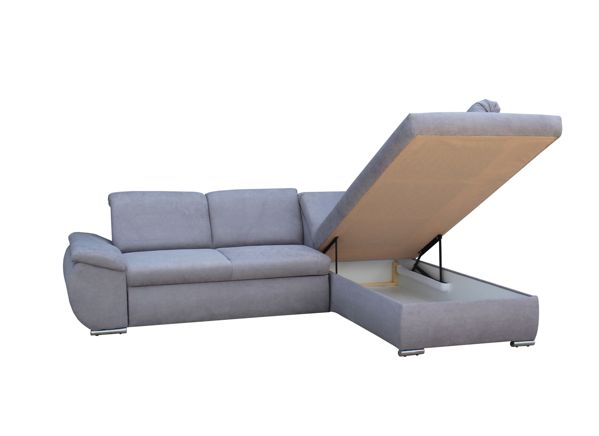 Canapé d'angle Caro 272x197cm - tissu - gris moyen avec fonction de lit et rangement