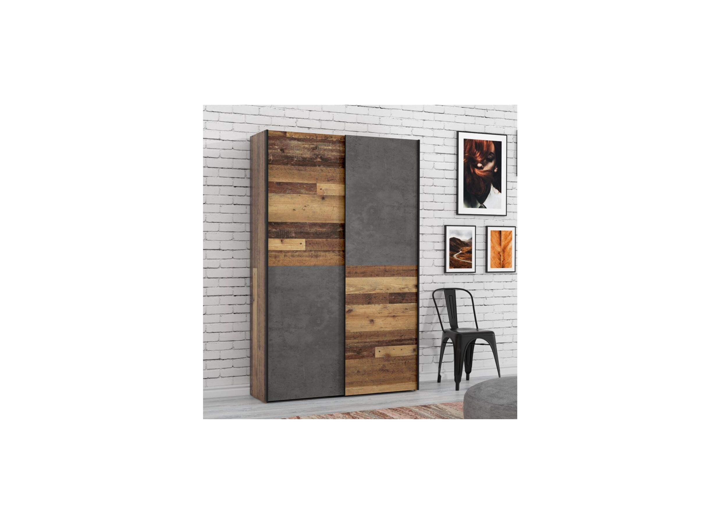 Armoire à portes coulissantes Ozzula 120cm - décor - old wood vintage/béton
