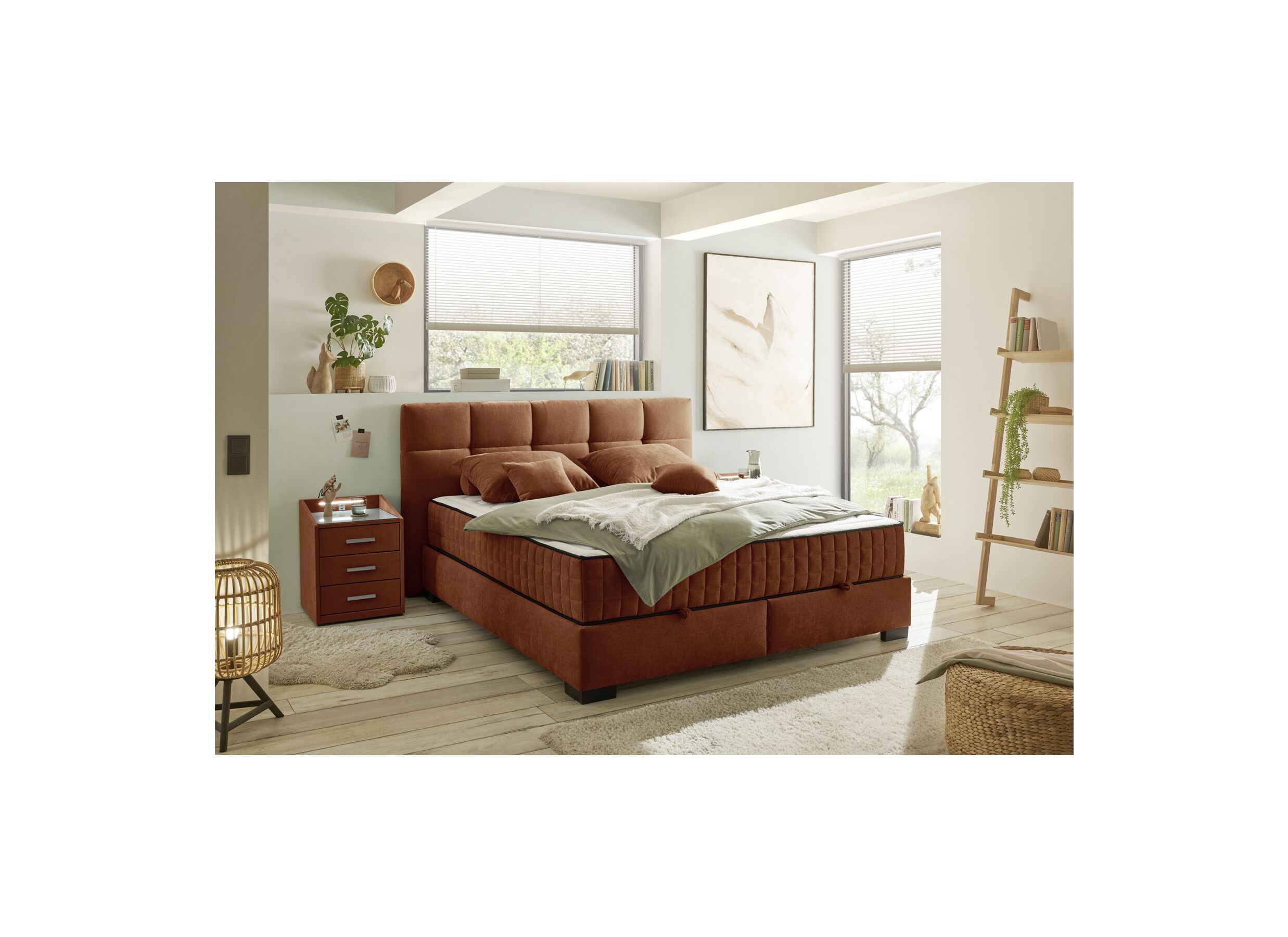 Foto ambiance - Lit box Nagol A 160x200cm avec rangement tissu cognac