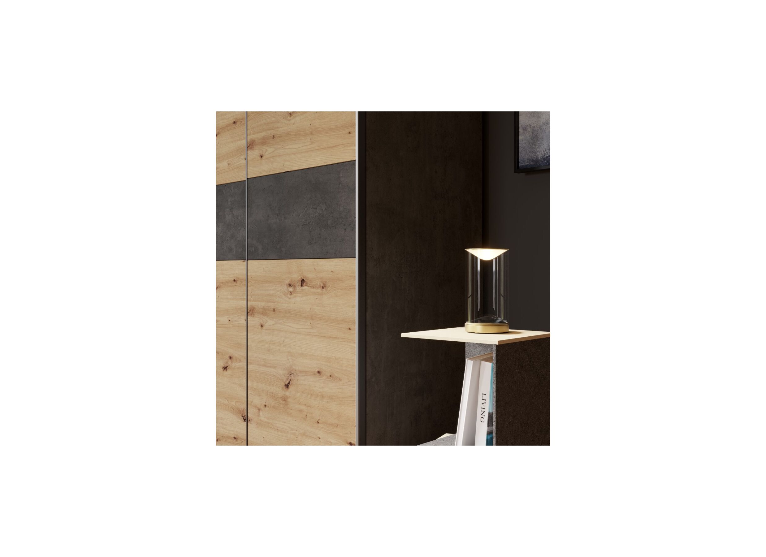 Armoire à portes coulissantes Khanea 120cm - panneau décor - chêne artisanal/béton