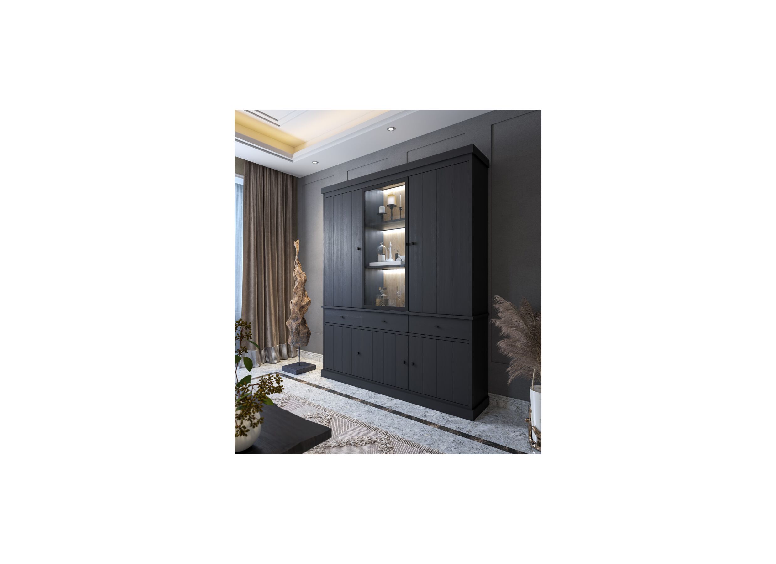 Vitrinekast Valencia 182cm - decor - zwarte eik