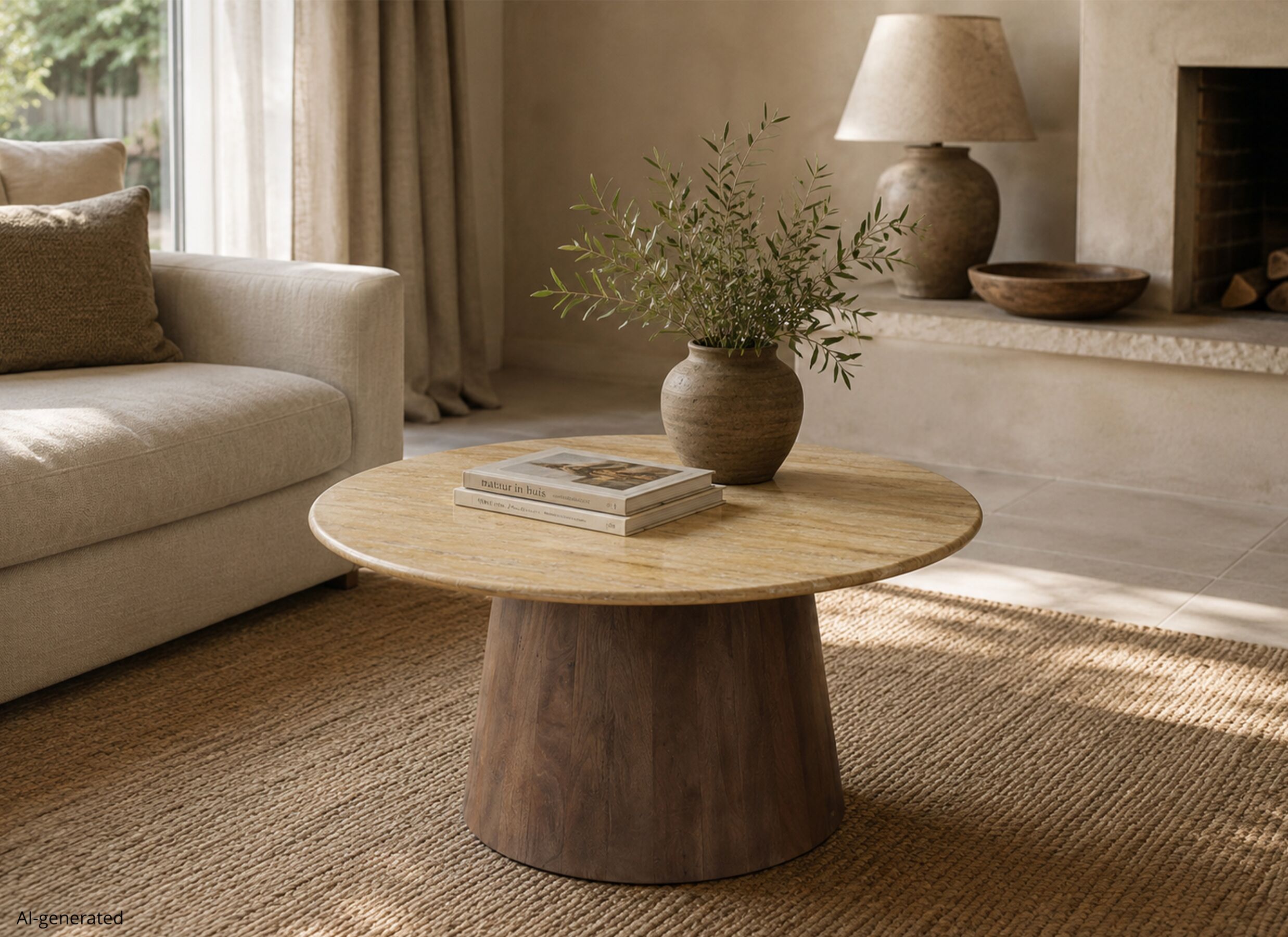 AI Generated - Salontafel Cain Ø75cm - travertijn & mango massief - bruin