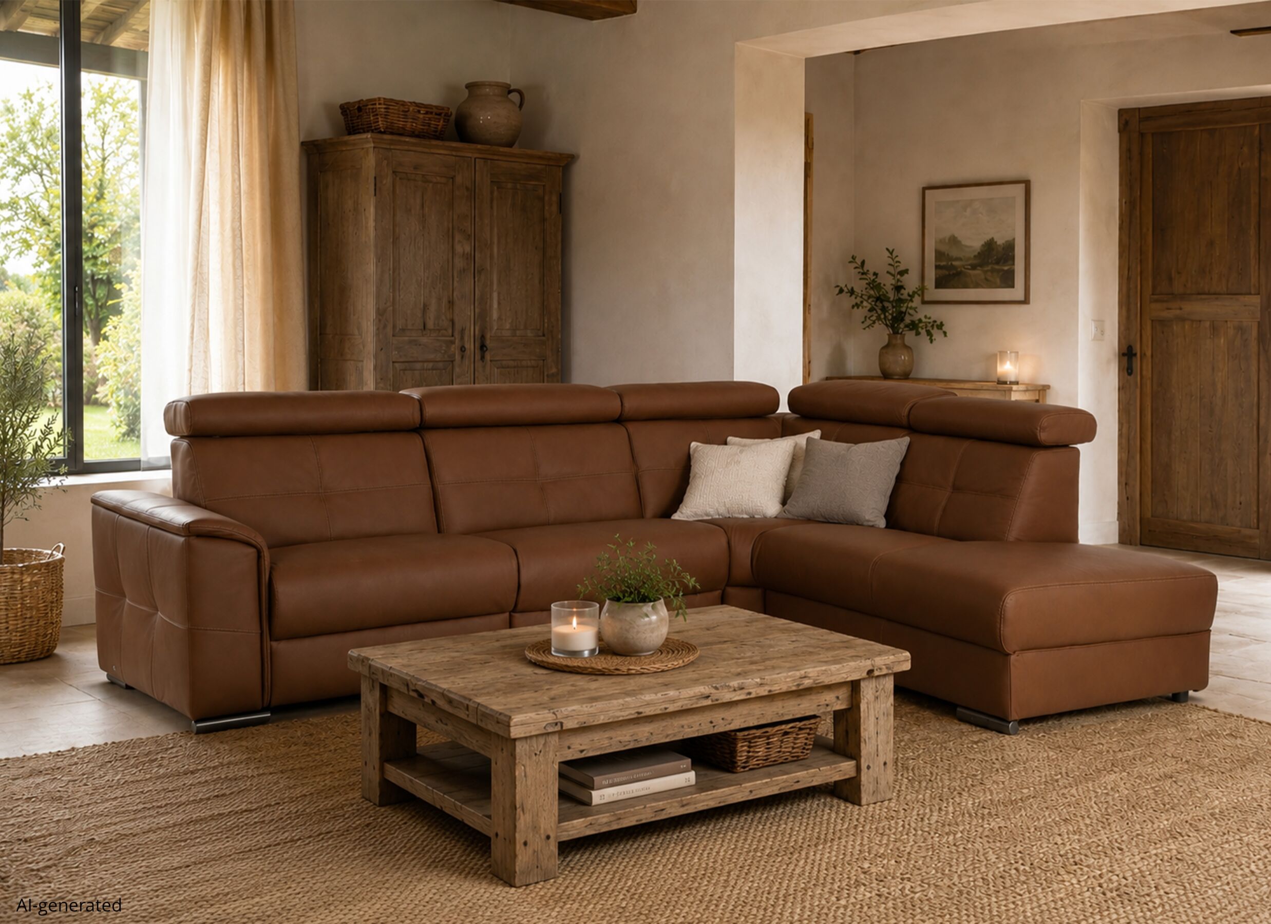 AI Generated - Canapé d'angle Lana 289x227cm - cuir - marron avec relax