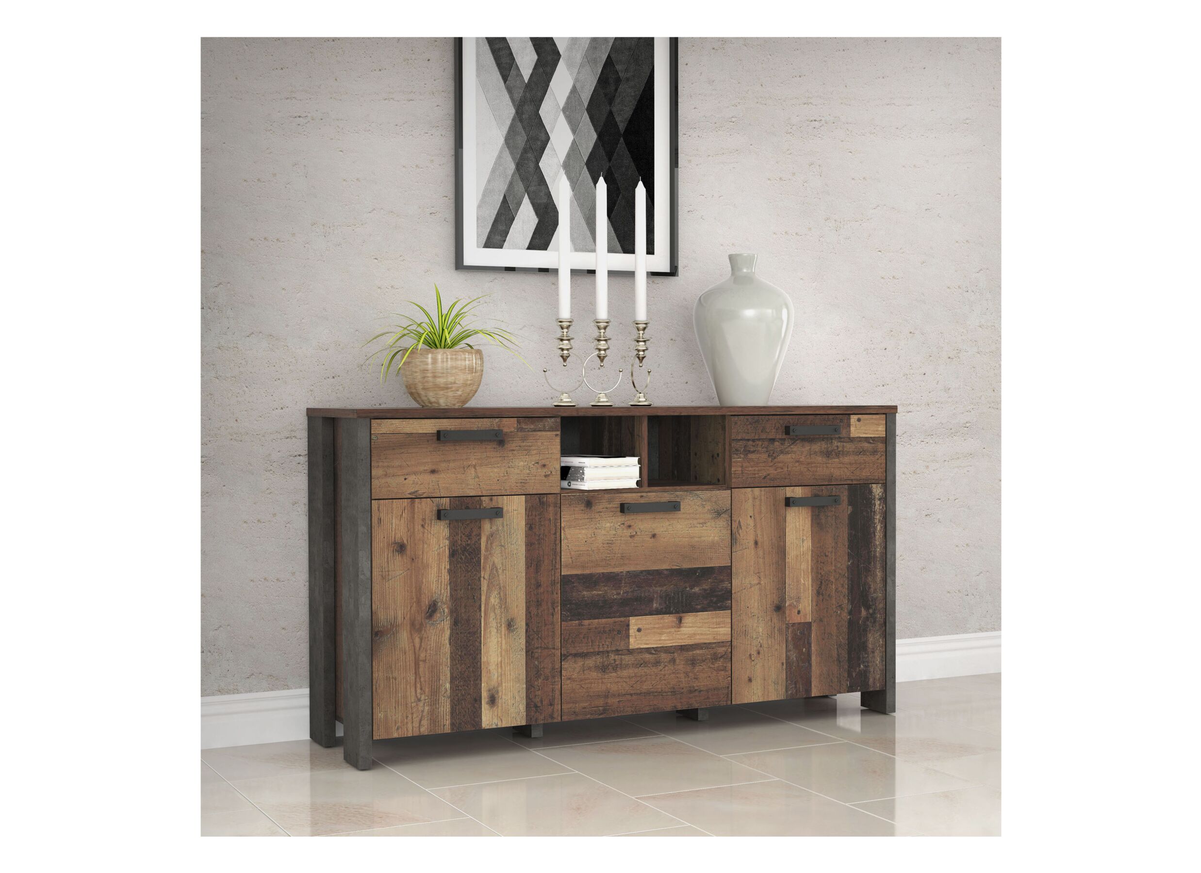 Photo ensemble - Buffet Clif 156cm - panneau décor - old wood/béton