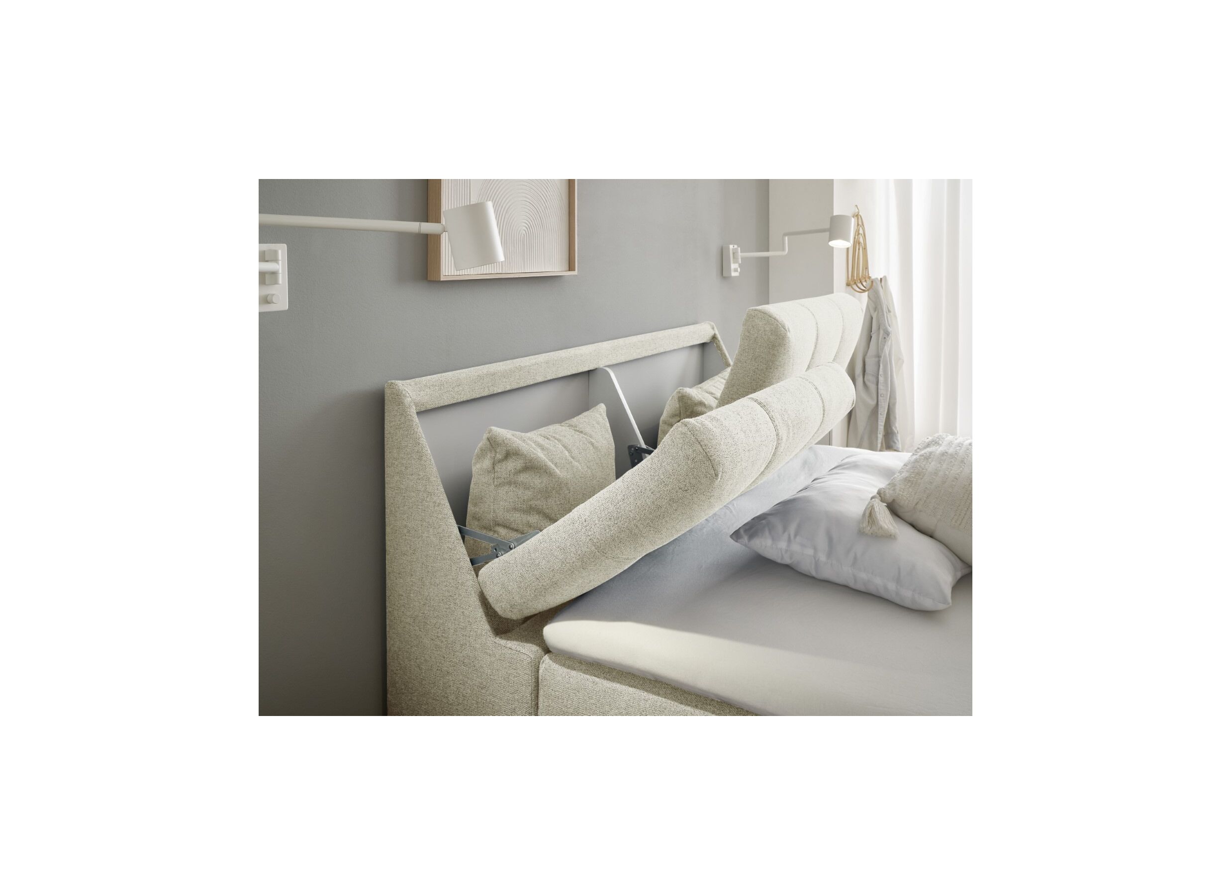 Foto ambiance - Lit box Atlantis 140x200cm avec rangement tissu ivoire