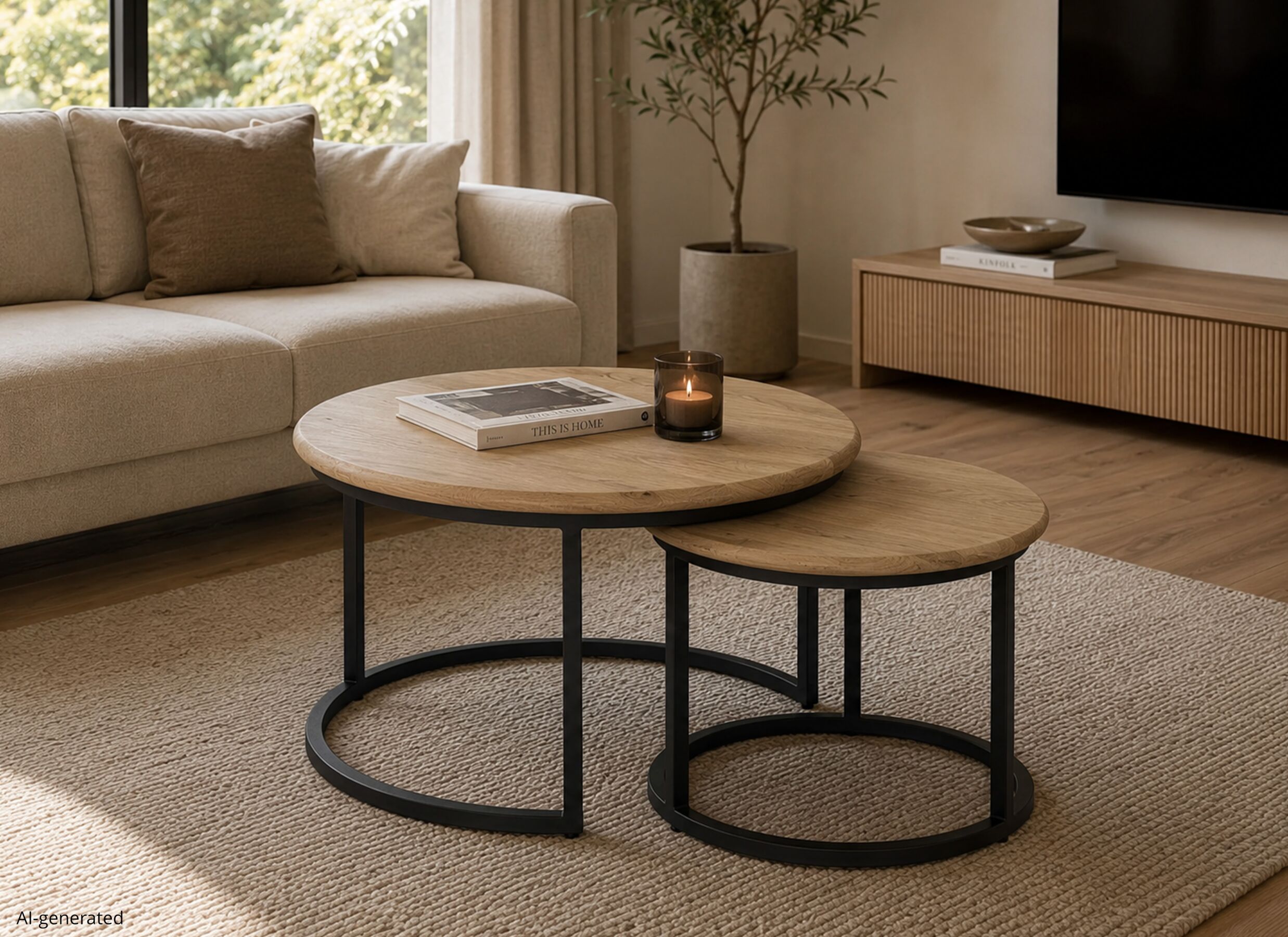 AI Generated - Table basse Bluesette Ø70/Ø50cm - chêne massif - naturel - lot de 2