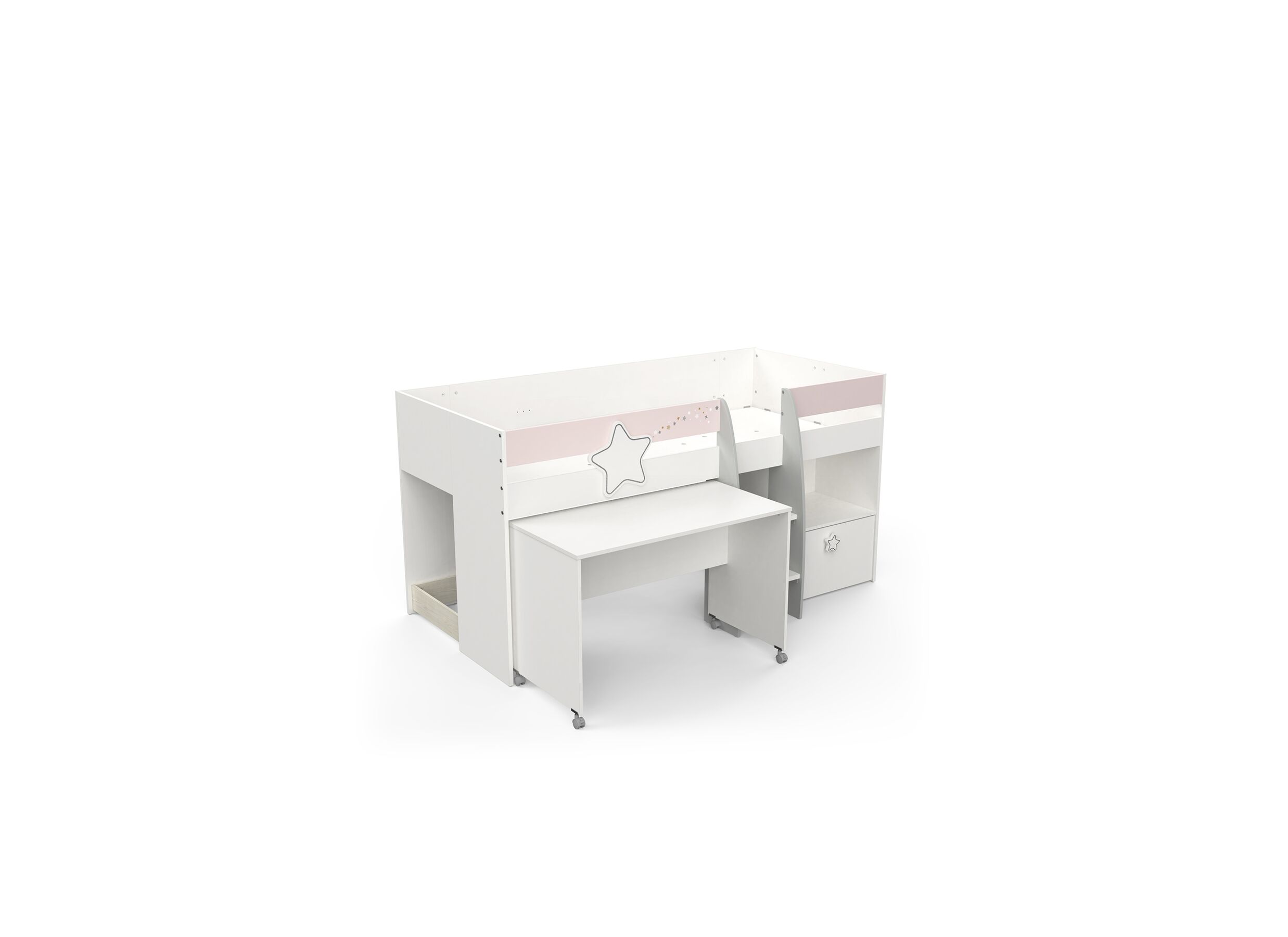 Lit mi-hauteur Etoiles 90x200cm blanc gris rose - Lit mi-hauteur Etoiles 90x200cm blanc gris rose