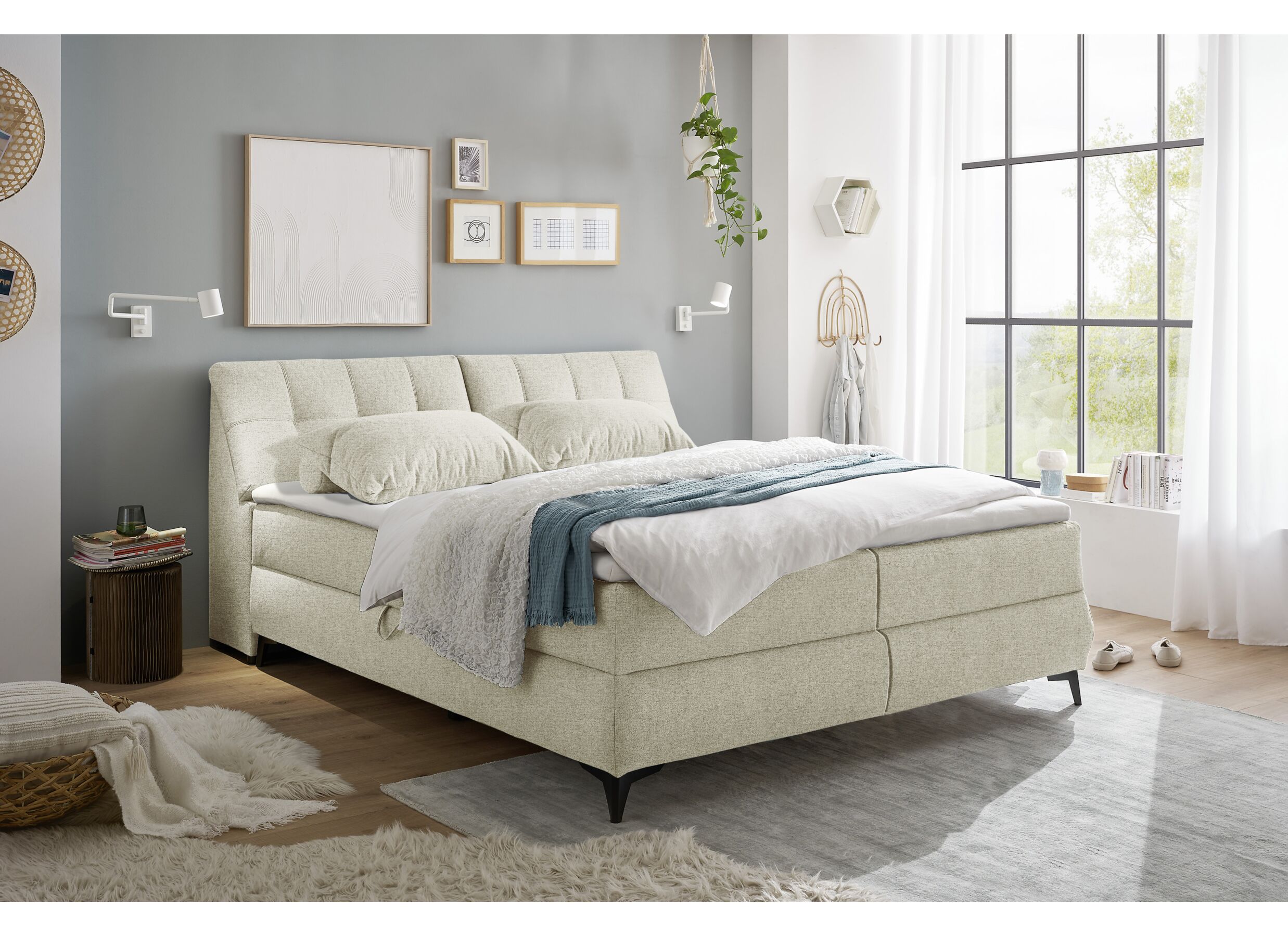 Foto ambiance - Lit box Atlantis 160x200cm avec rangement tissu ivoire