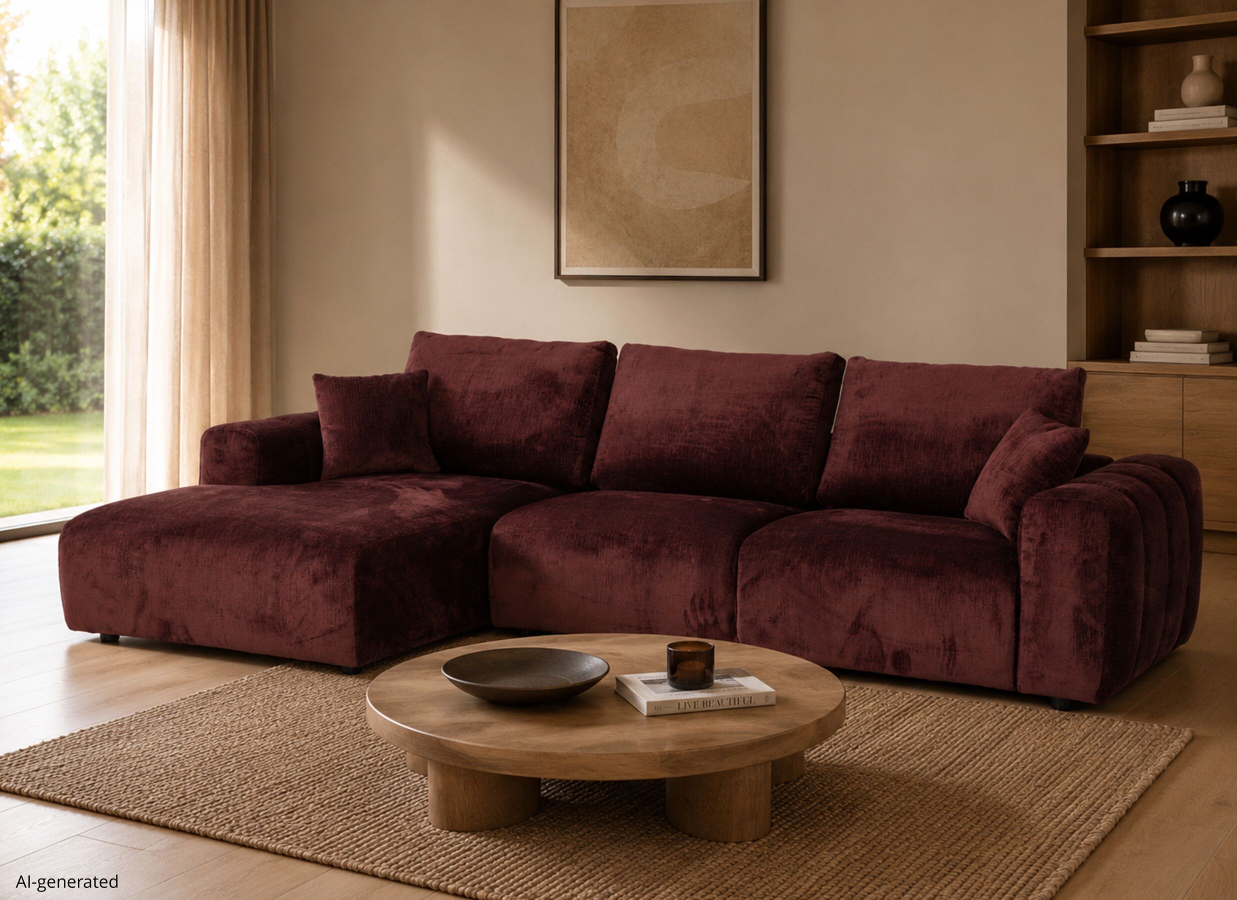 AI Generated - Canapé d'angle Musigny 315x165cm - chenille - bordeaux