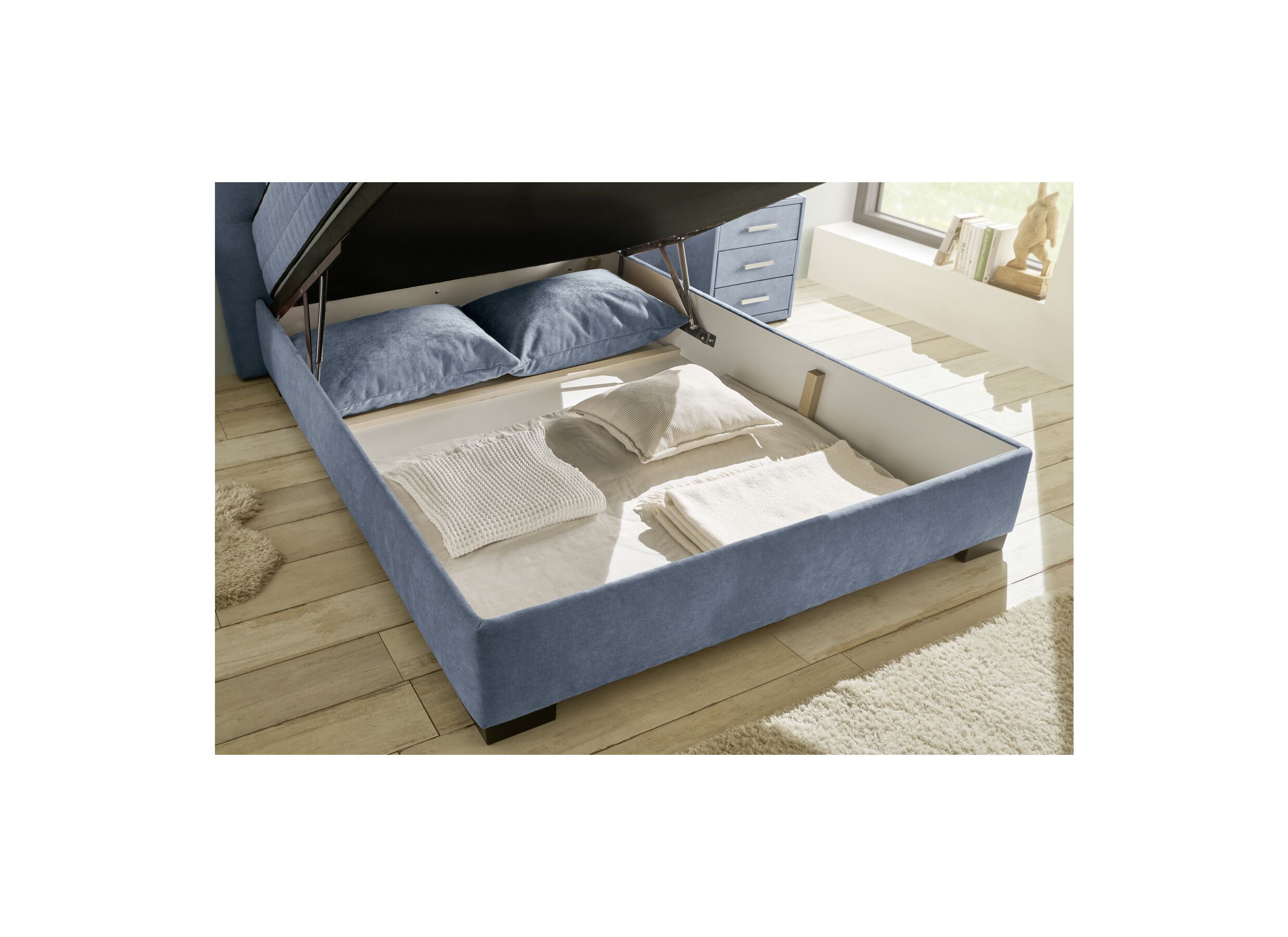 Foto ambiance - Lit box Nagol A 140x200cm avec rangement tissu bleu