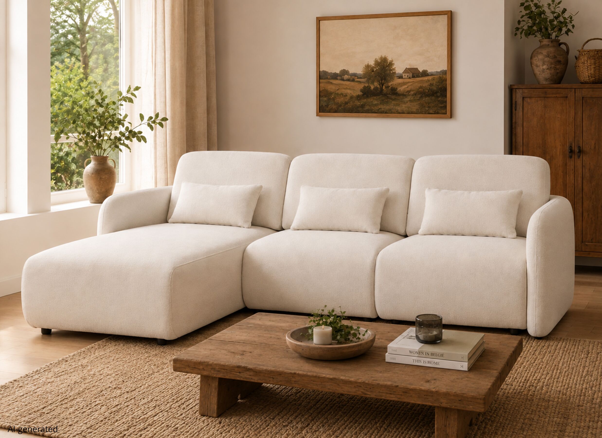 AI Generated - Canapé d'angle Danae 282x168cm - tissu - beige