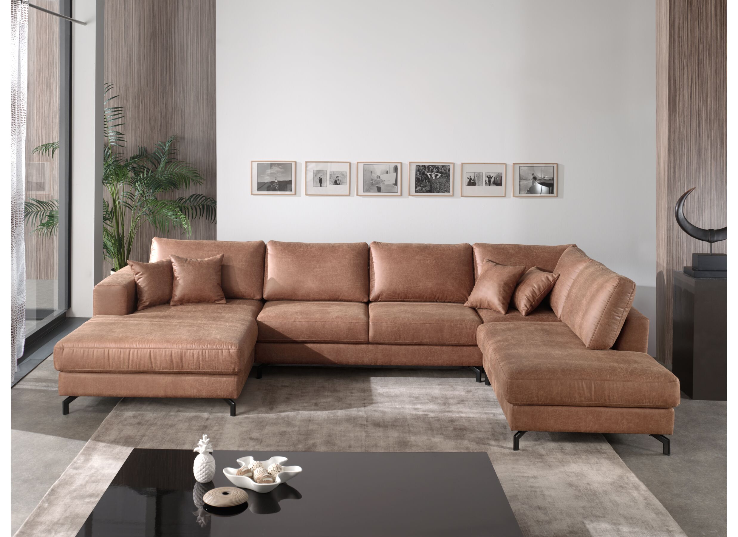 Foto ambiance - Canapé d'angle Alicante 373x228cm - tissu - cognac