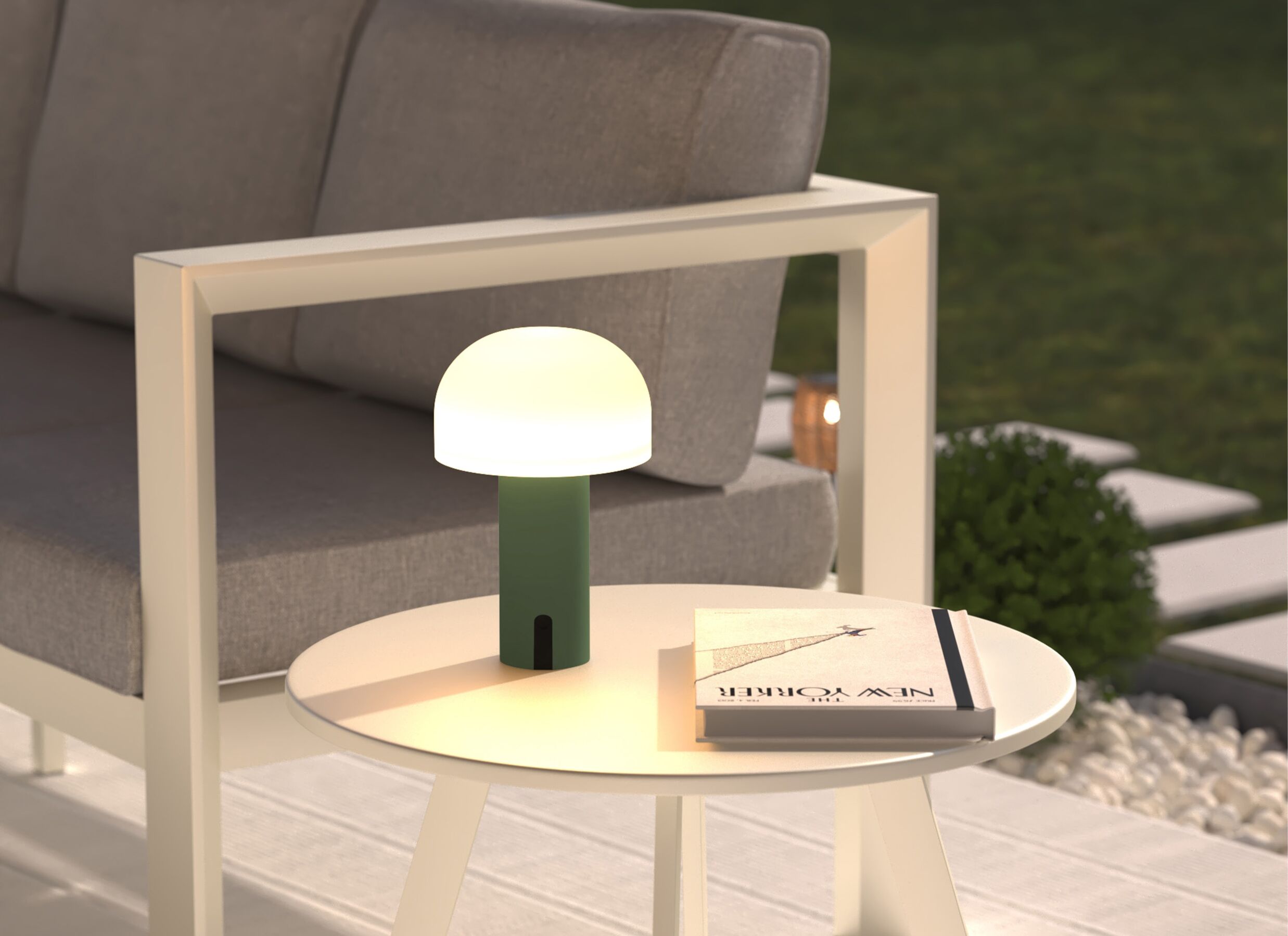 Foto ambiance - Lampe de table Jany Outdoor Ø15xH22cm - plastique - vert avec USB