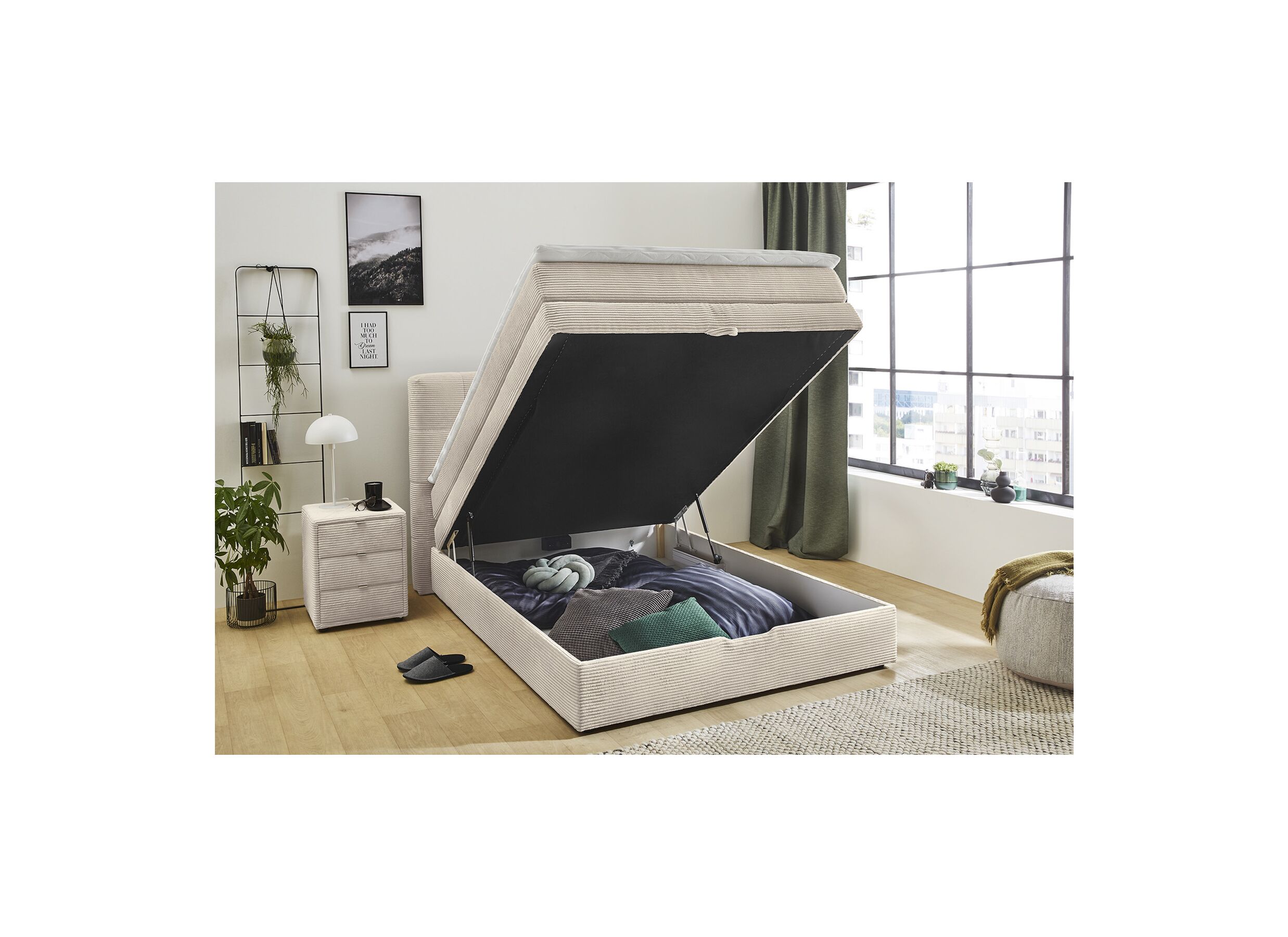 Boxspring Amy 140x200cm met opbergruimte stof ecru