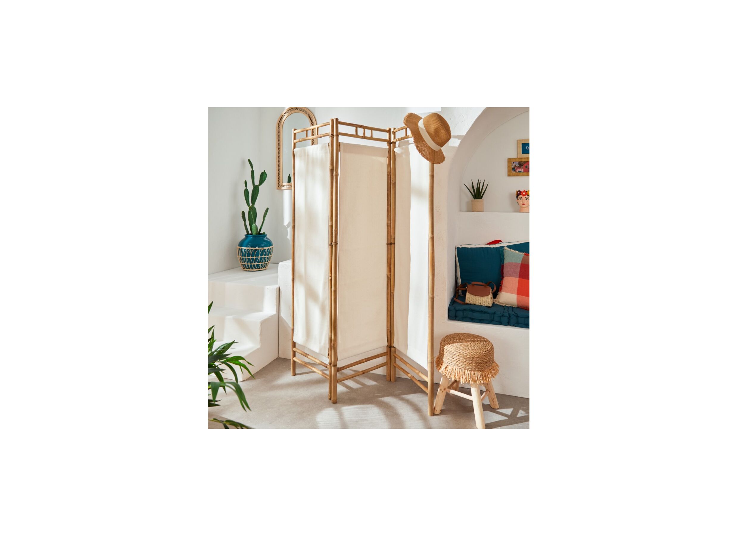 Foto ambiance - Paravent Kael 135,5cm - bambou/tissu - naturel/beige
