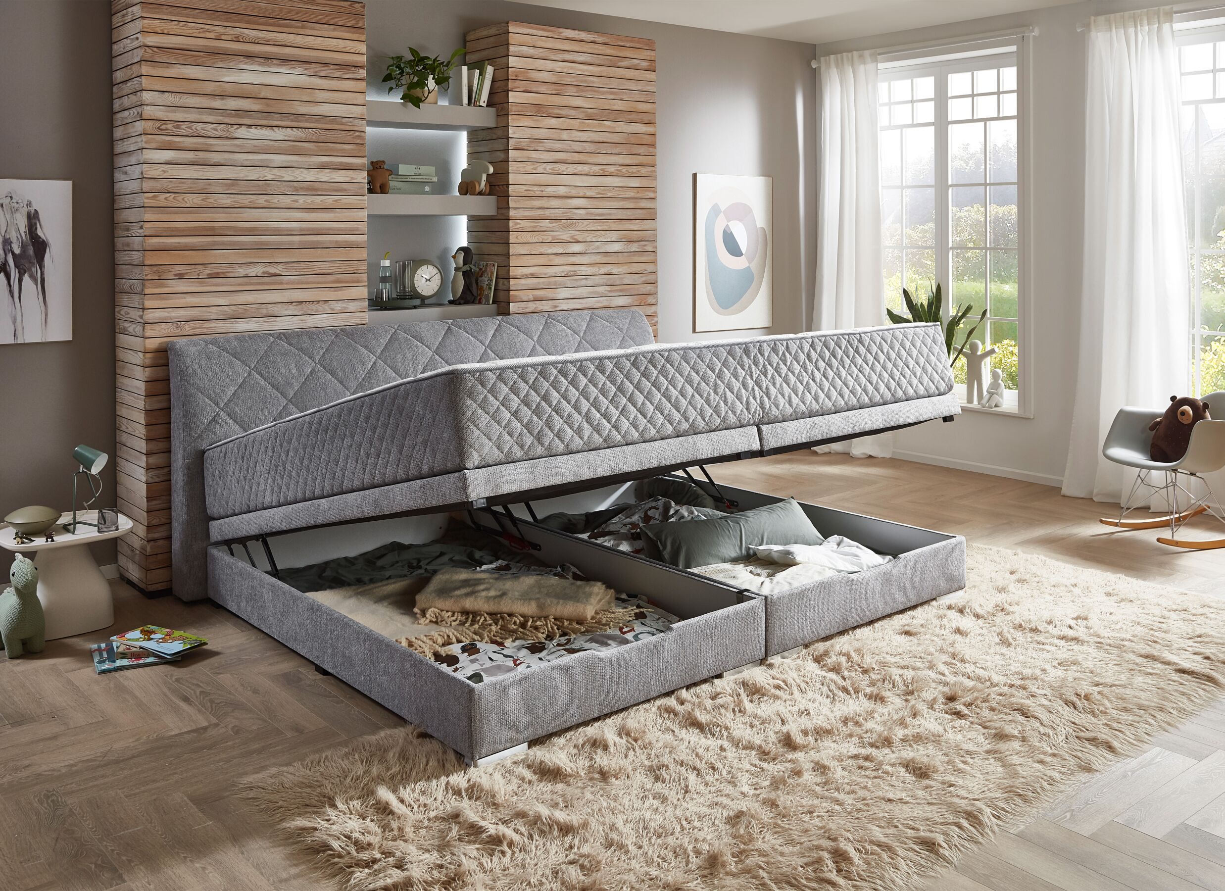 Disposition - Lit box BX2740 240x200cm - tissu - argent avec rangement