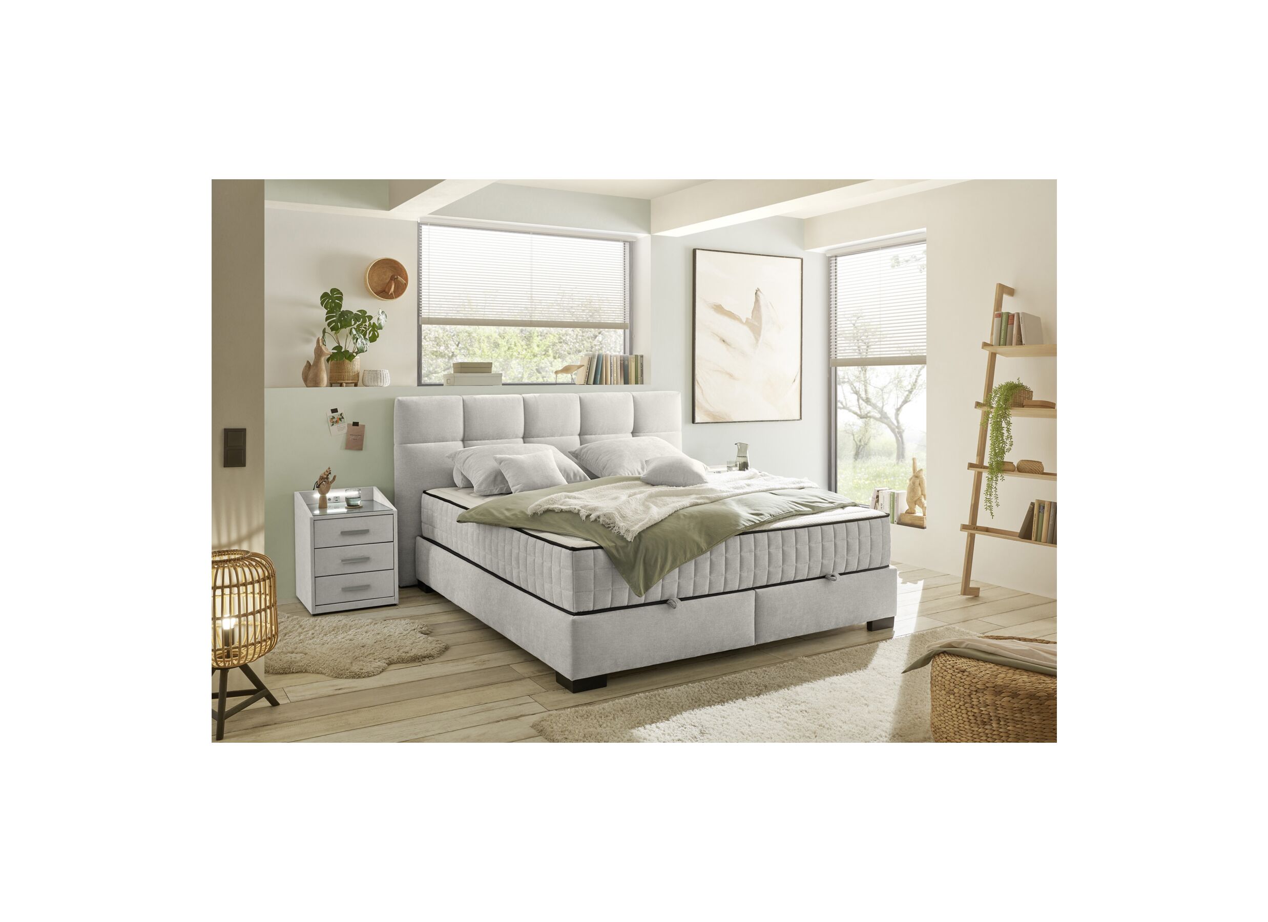 Foto ambiance - Lit box Nagol A 180x200cm avec rangement tissu beige