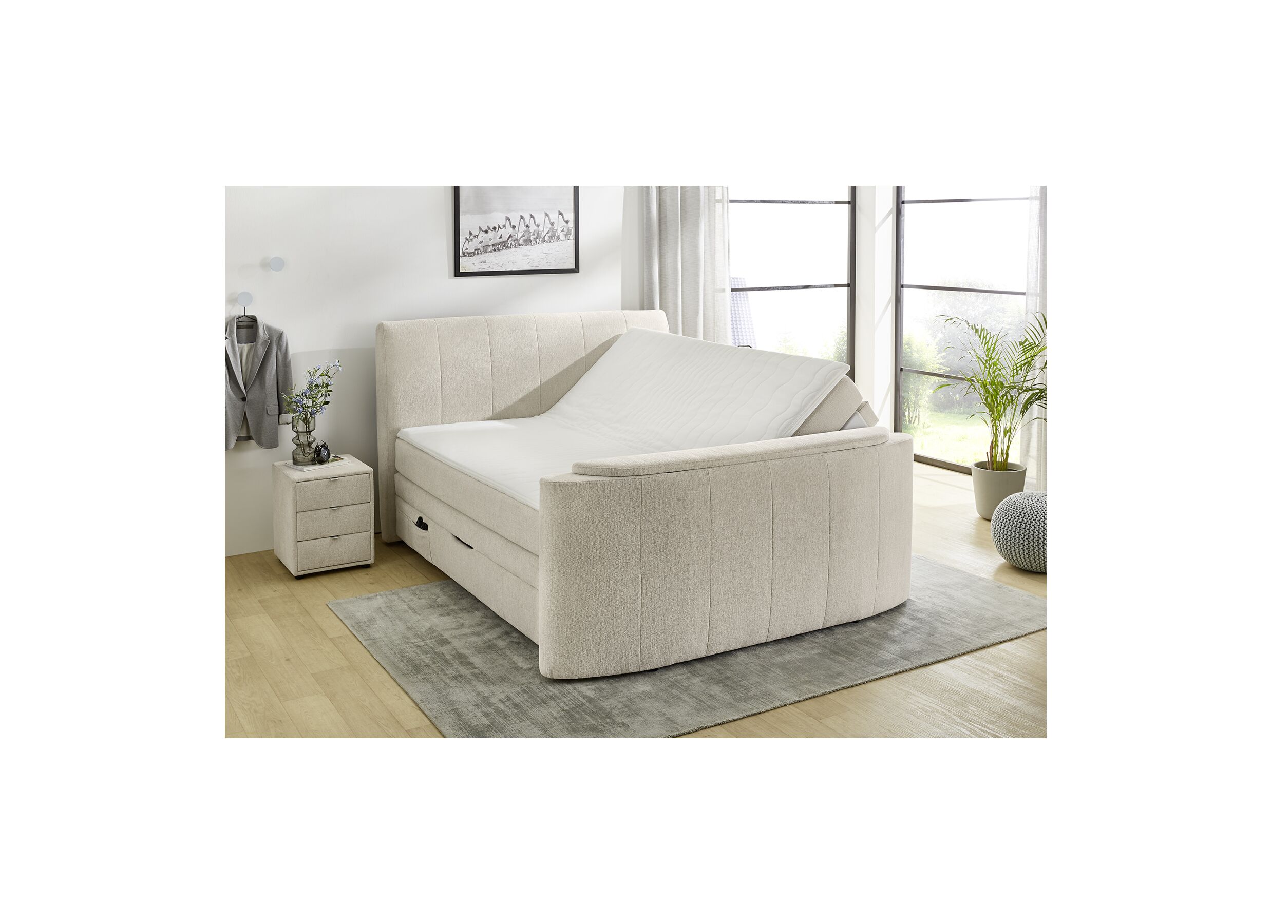 Aperçu - Boxspring Belair Mix 180x200cm avec ascenseur TV et rangement tissu beige