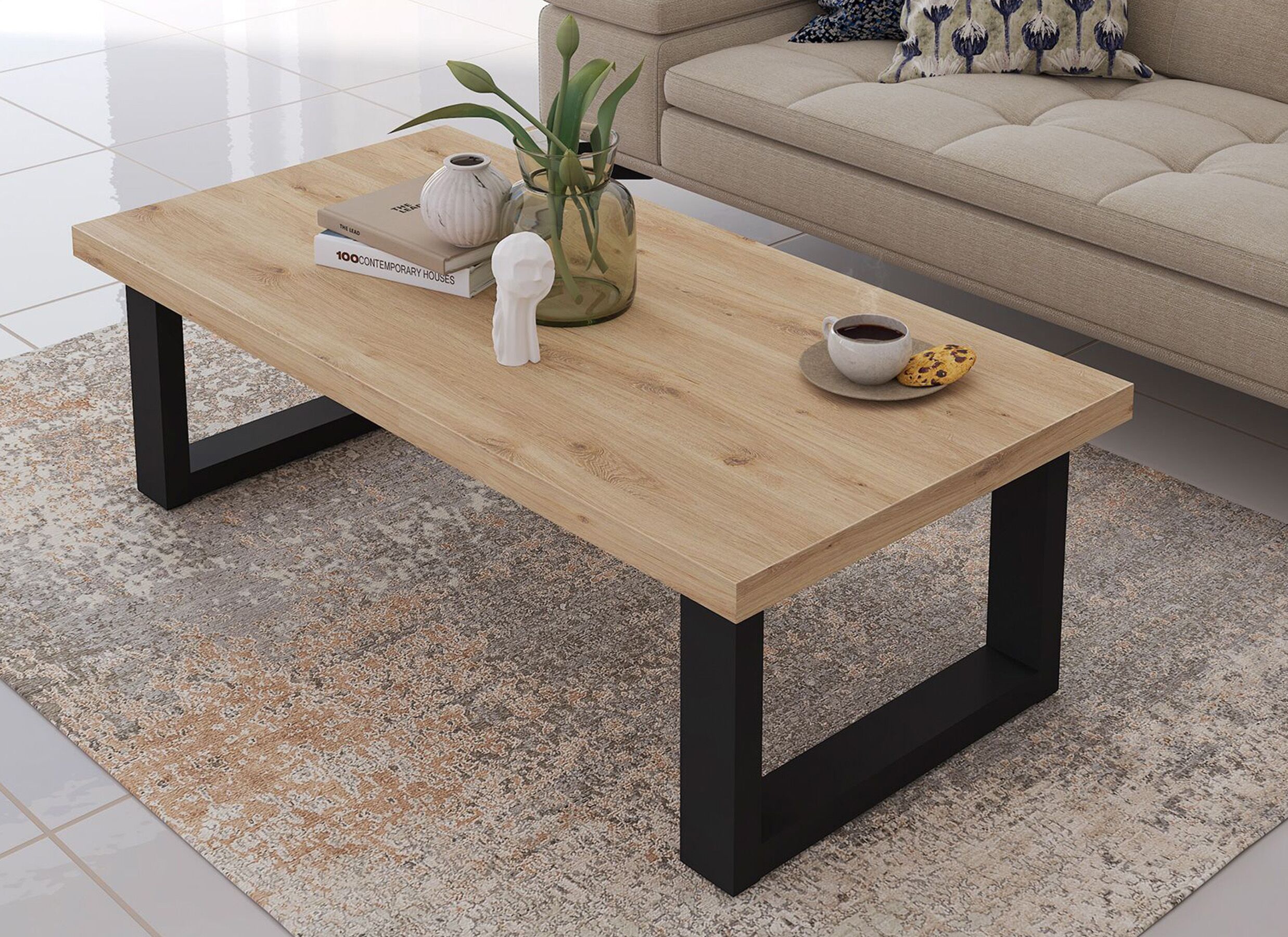 Foto ambiance - Table basse Valencia 130x65x41cm mélamine chêne clair