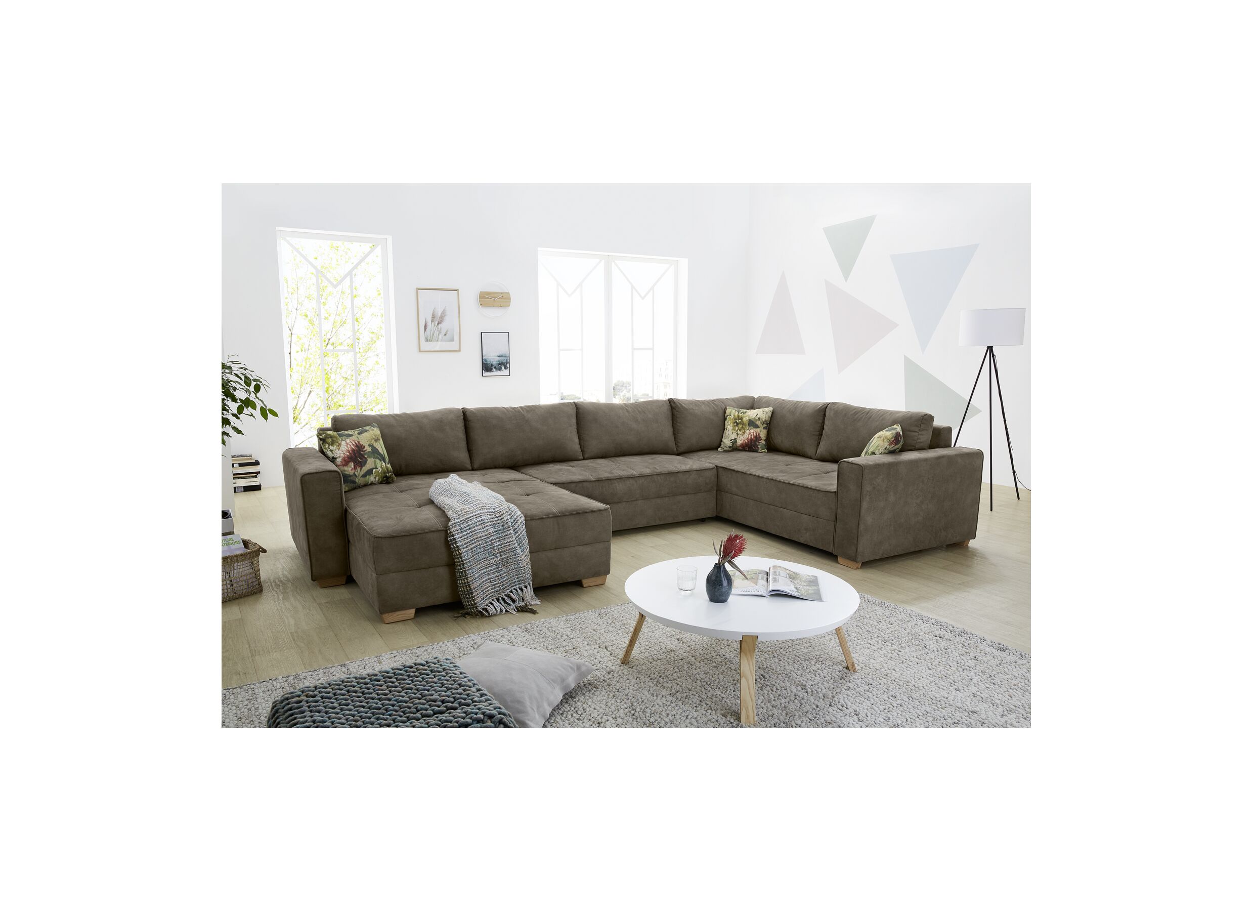 Hoeksalon Brixen 379x227cm - stof - bruin met bedfunctie