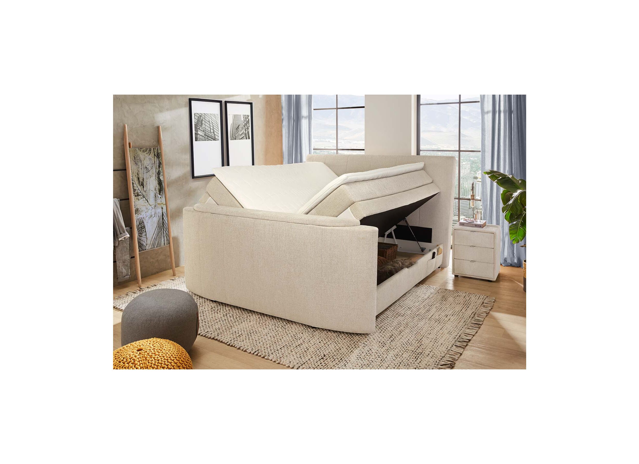 Aperçu - Boxspring Belair Mix 180x200cm avec ascenseur TV et rangement tissu beige