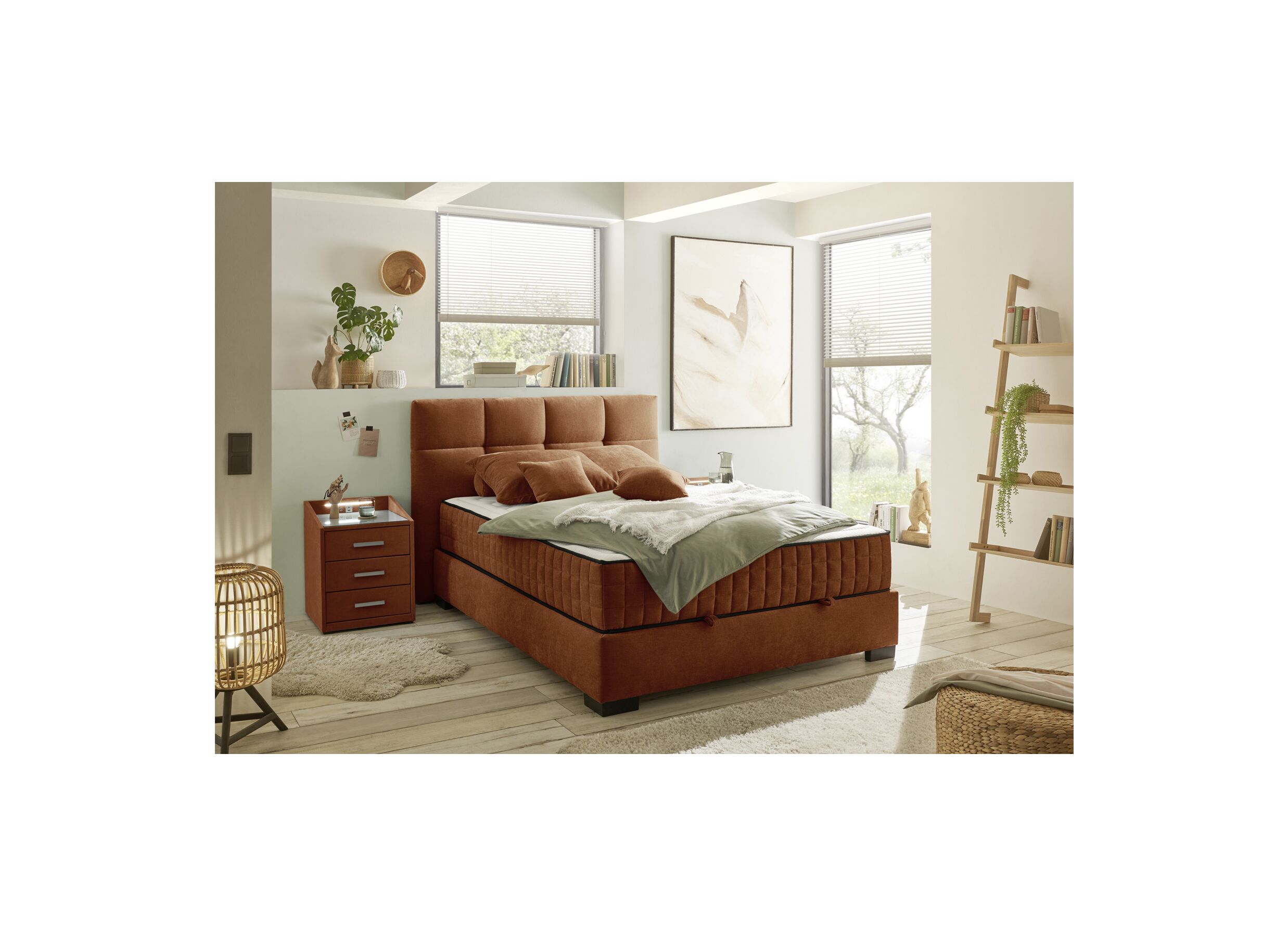 Foto ambiance - Lit box Nagol A 140x200cm avec rangement tissu cognac