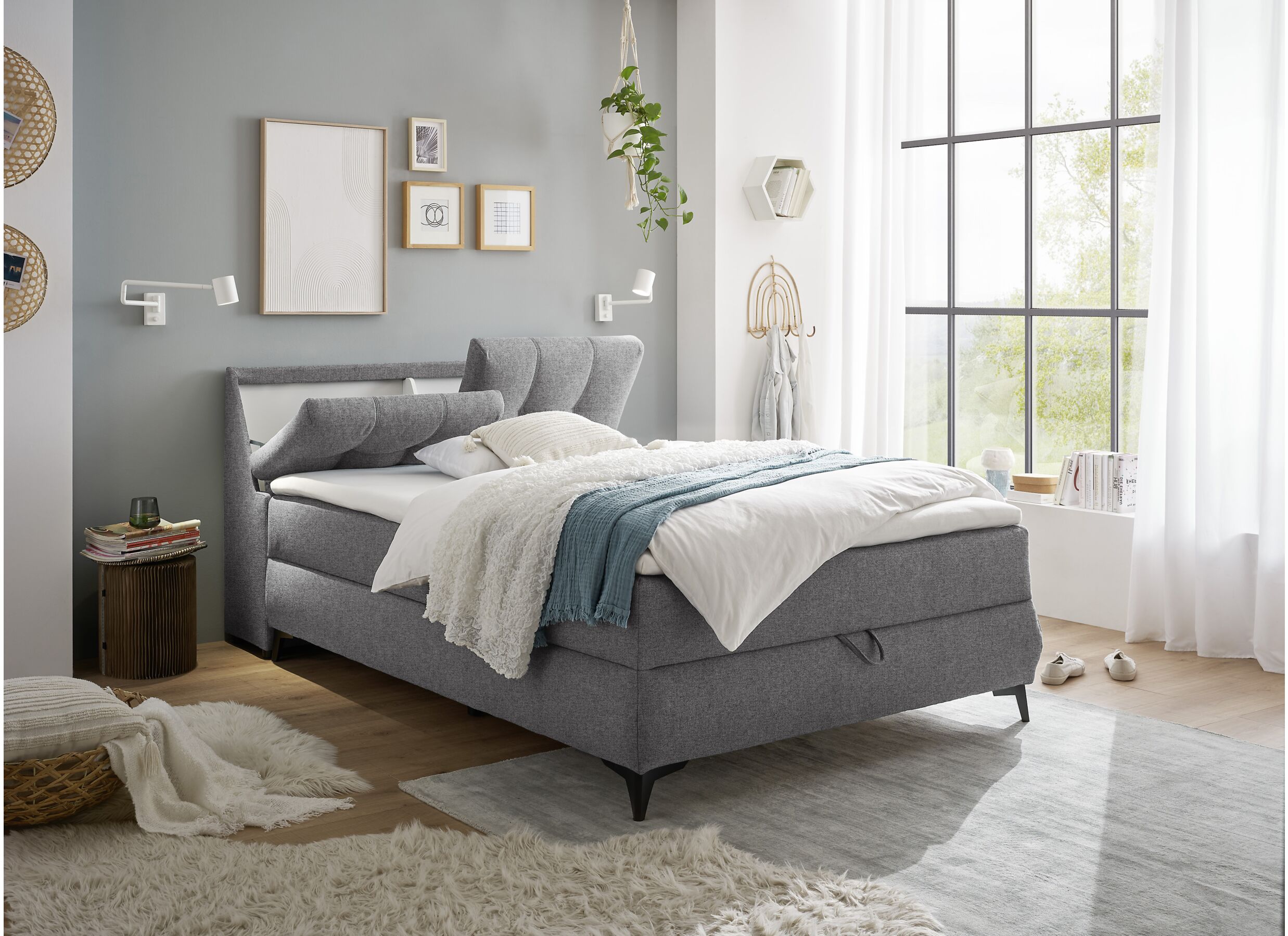 Foto ambiance - Lit box Atlantis 140x200cm avec rangement tissu gris foncé