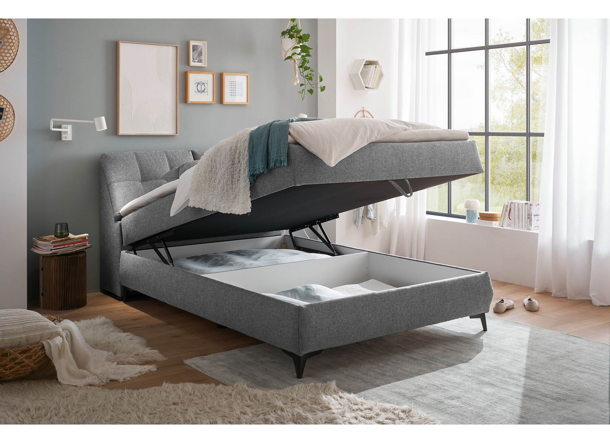 Foto ambiance - Lit box Atlantis 140x200cm avec rangement tissu gris
