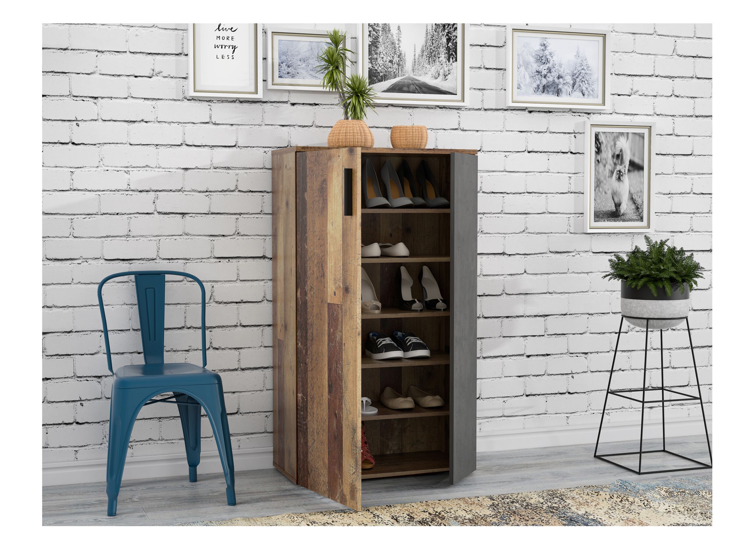 Armoire à chaussures Boots 69x34x120cm - panneau décor - old wood/gris foncé