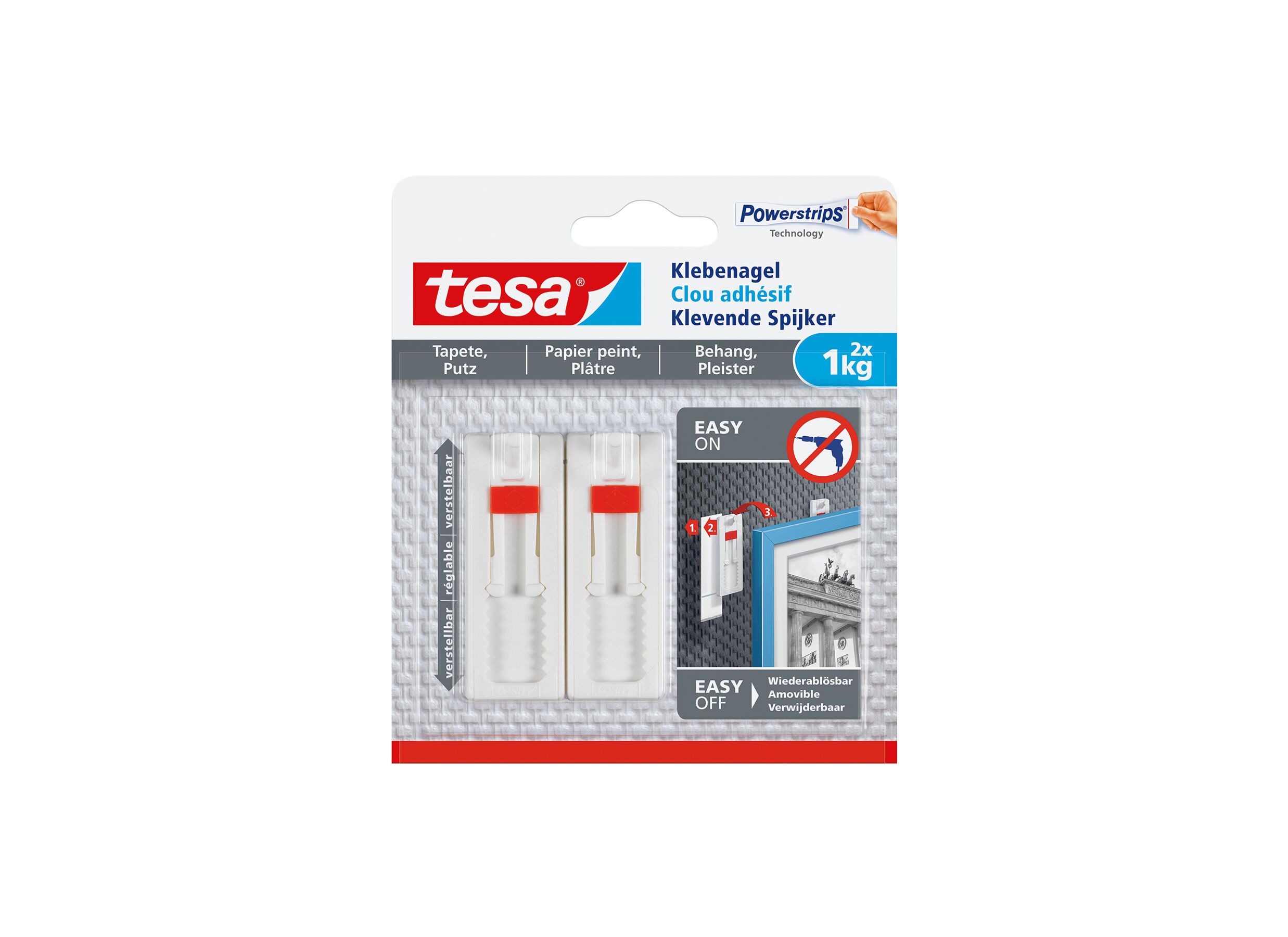 Verstelbare klevende spijker tesa 1kg, 2 stuks