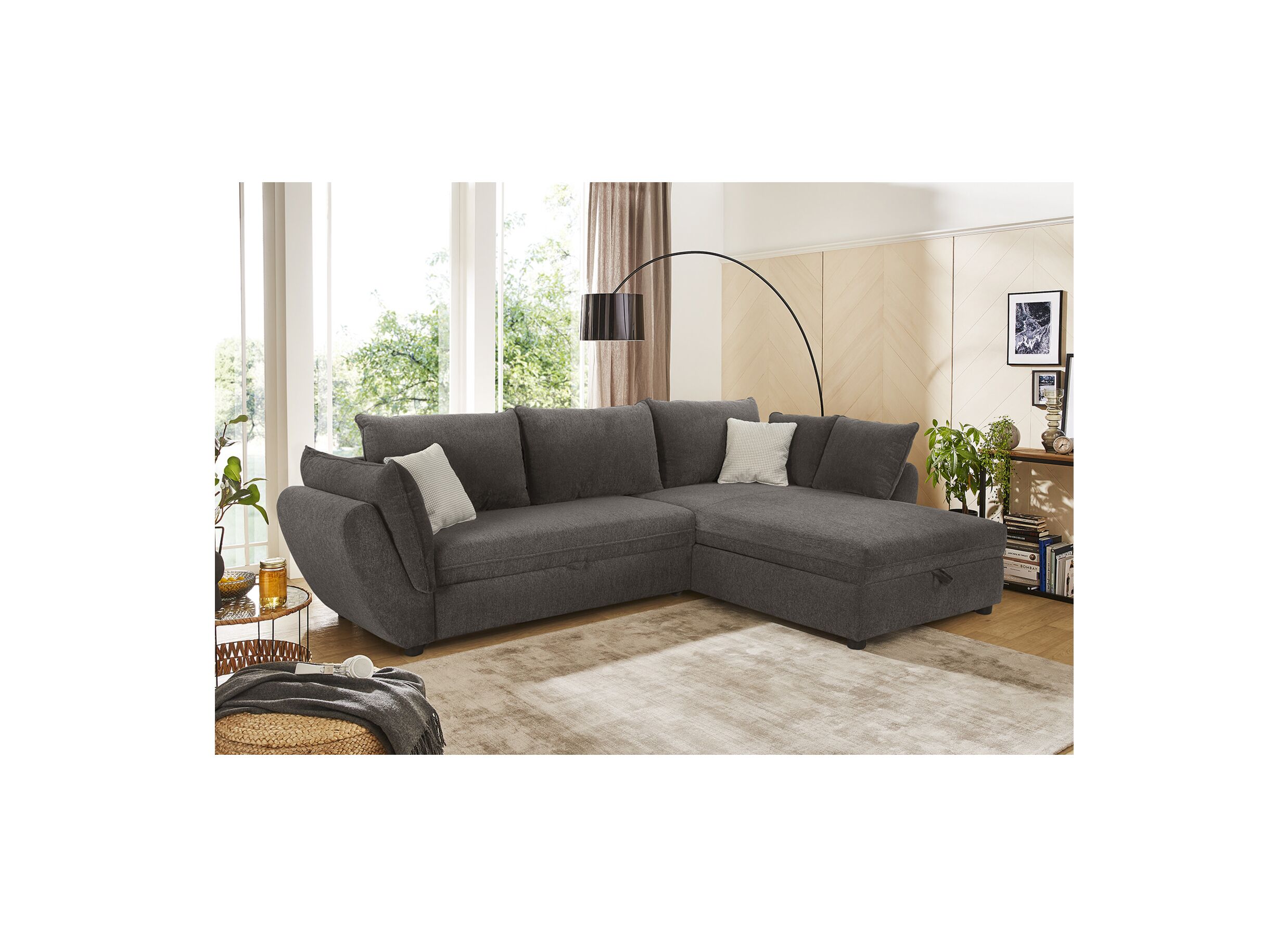 Canapé d'angle Jerez 303x205cm - tissu - gris foncé avec fonction de lit et rangement