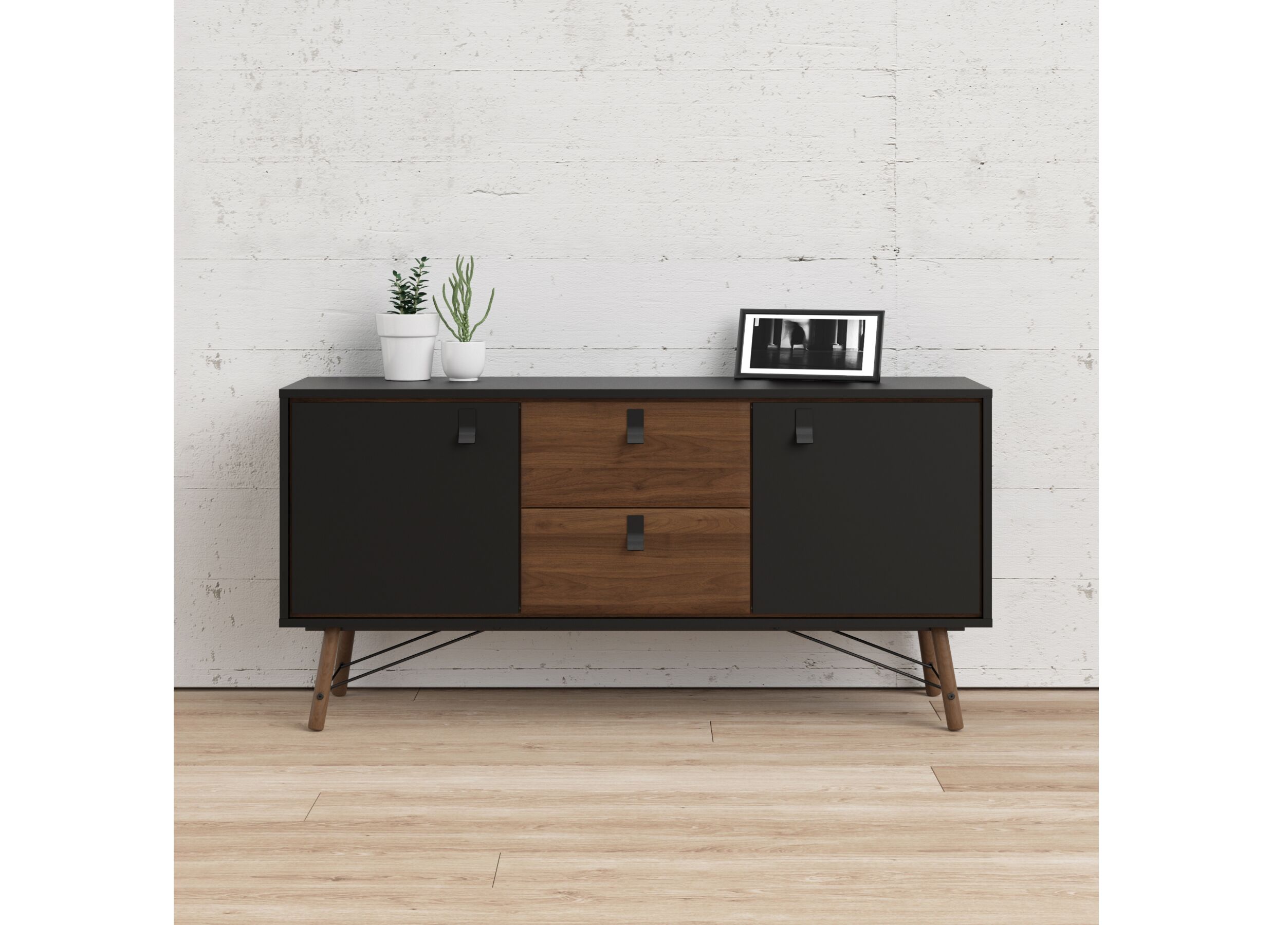 Buffet Ry 151cm - panneau décor - noir mat & noix