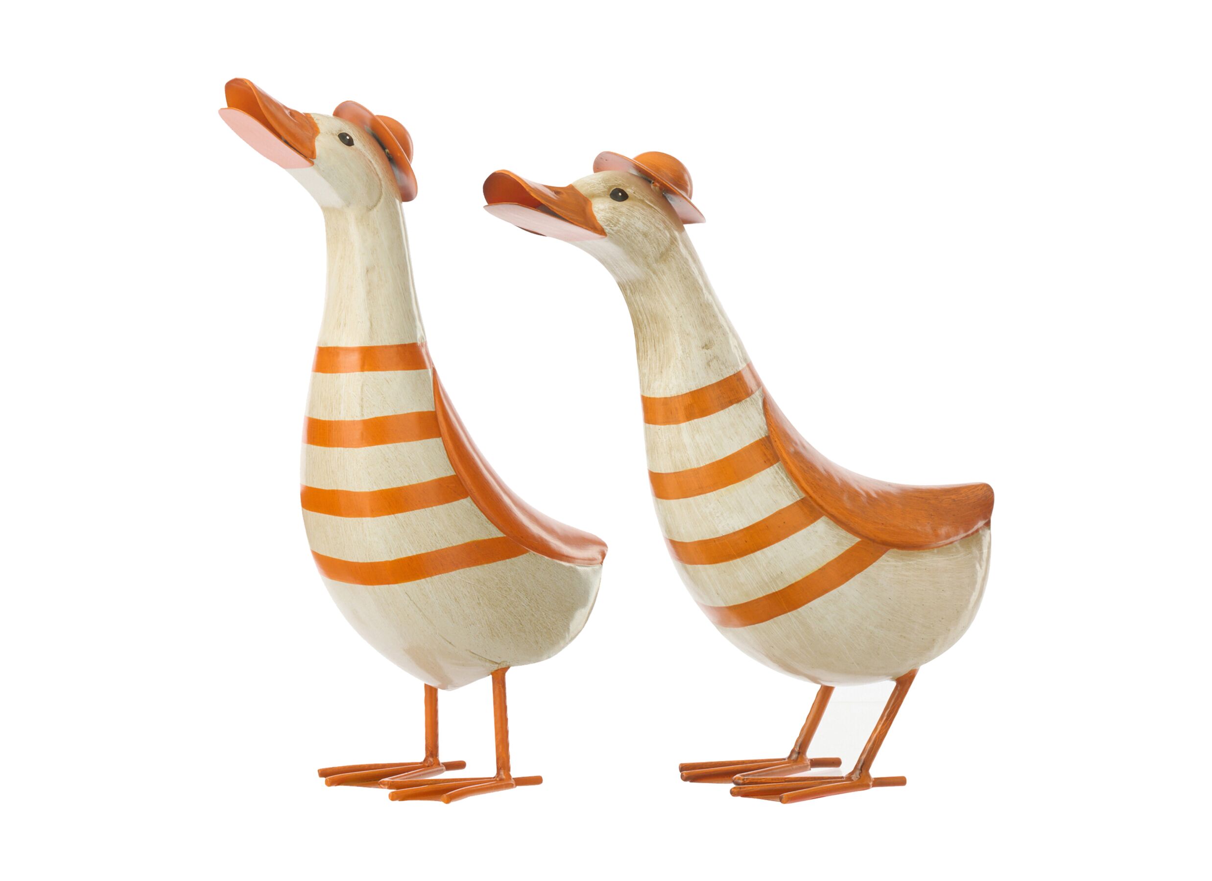 Deco Eend gestreept H36 - Déco Canard rayé H36,5cm - métal - blanc & orange